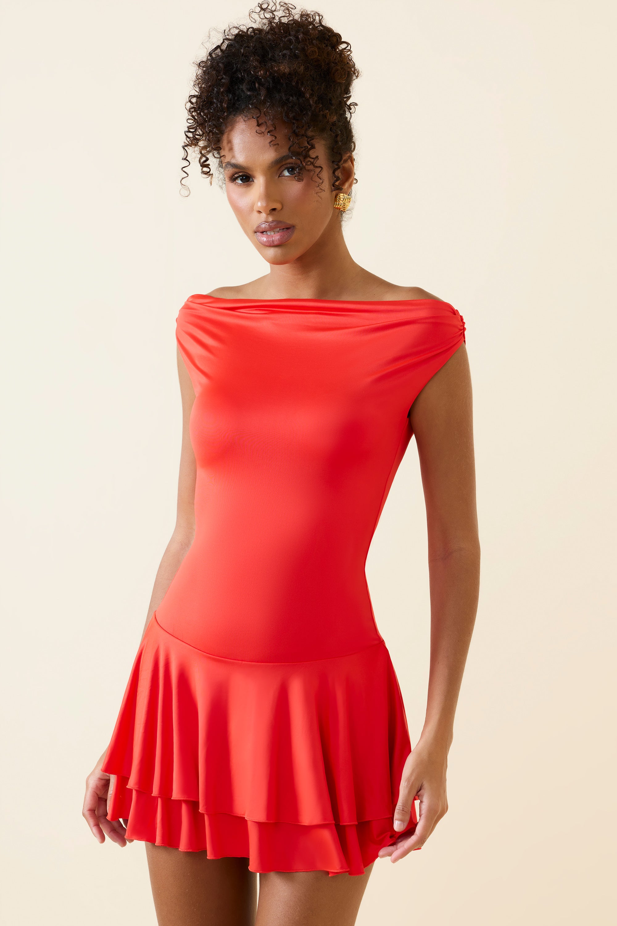 Off-Shoulder Ruffled Mini Dress in Scarlet