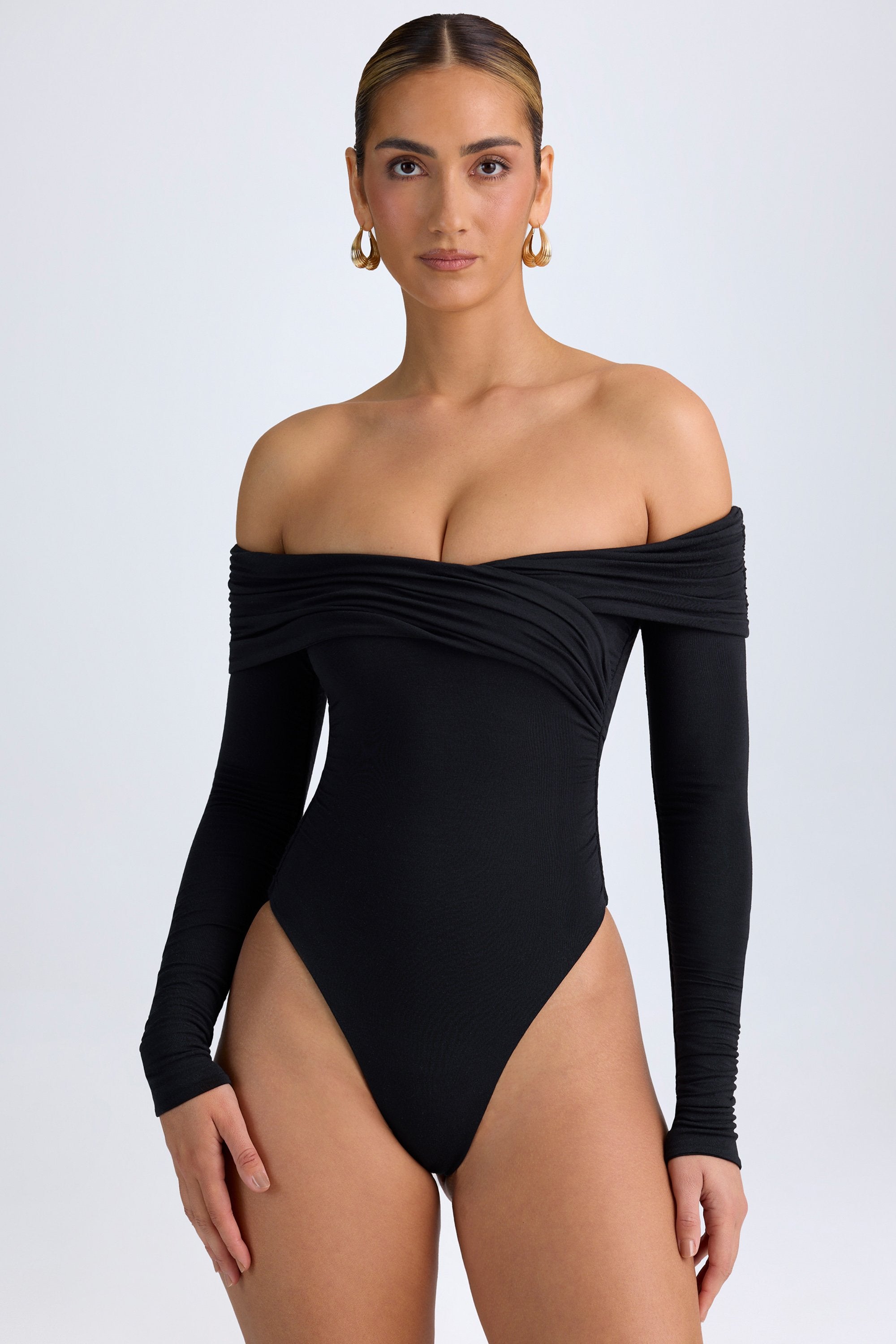 Modal Off-Shoulder Ruched Bodysuit in Black