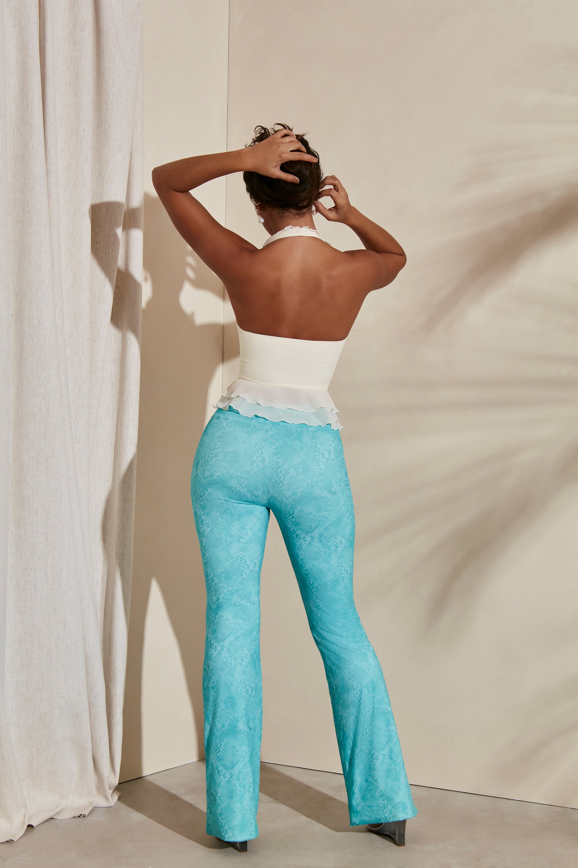 Tall Lace Up Detail Flare Trousers in Teal Print