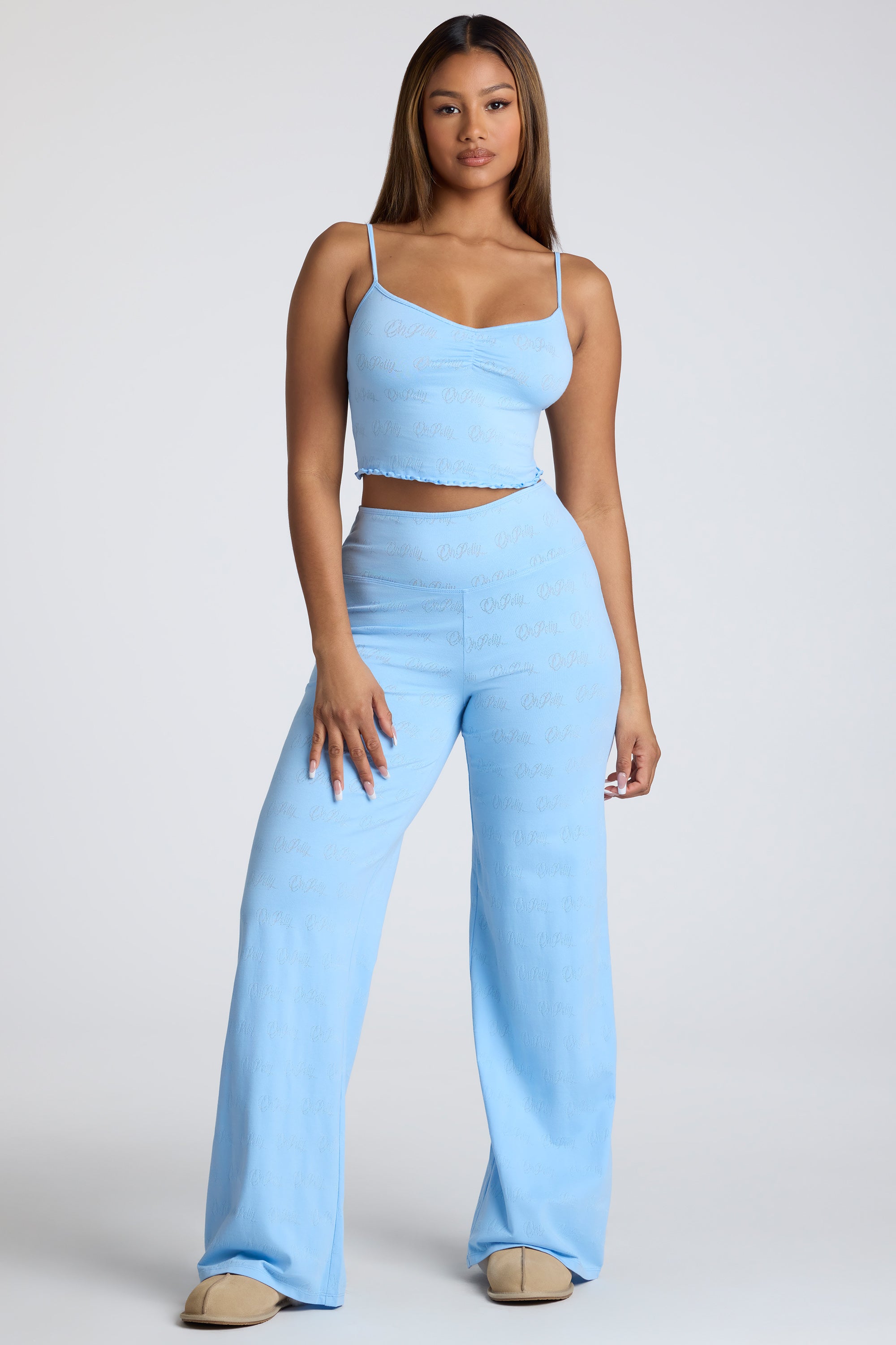 Mid Rise Straight Leg Pointelle Trousers in Baby Blue