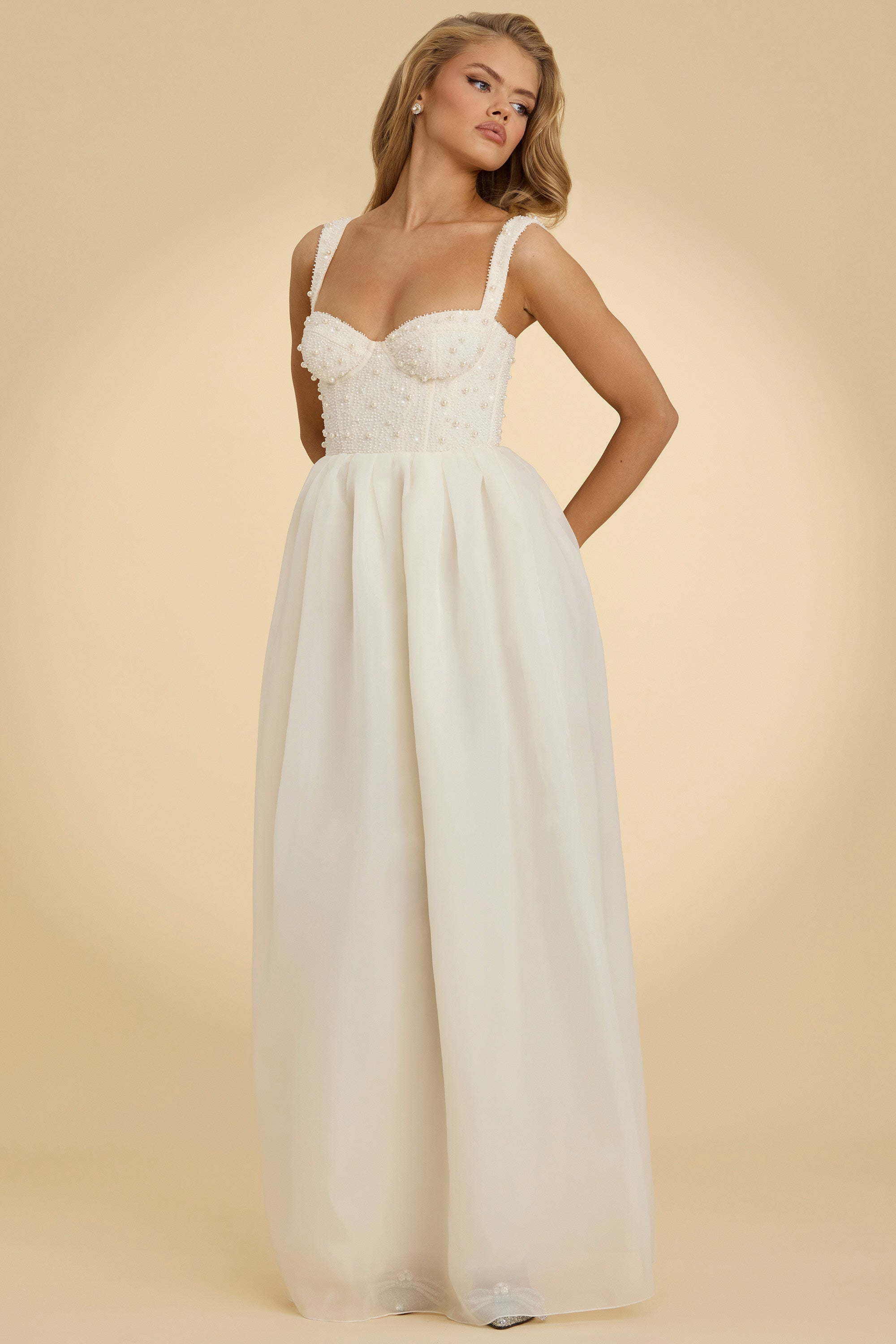 Corset Organza Maxi Dress in White