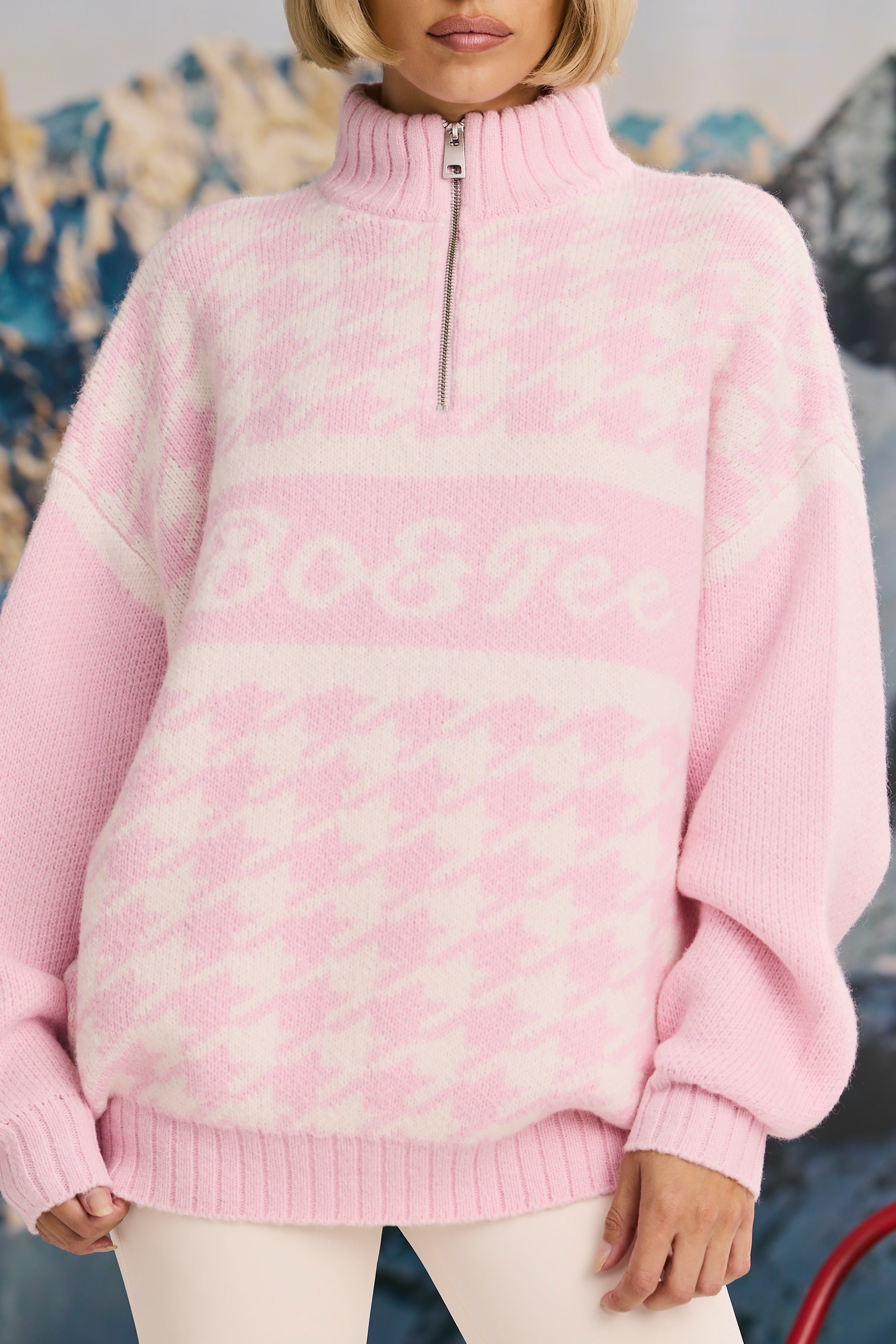 Oversized Half-Zip Chunky-Knit Jumper in Pastel Pink