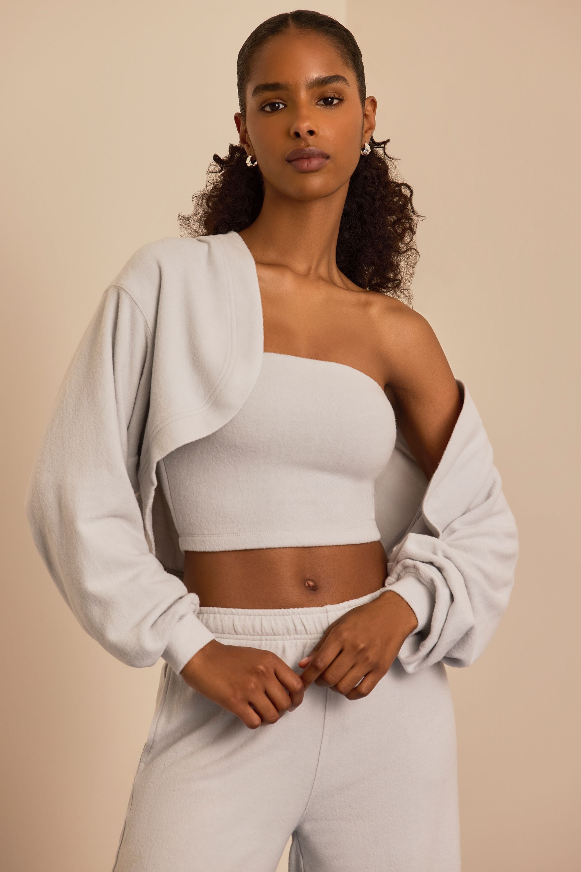 Brushed Jersey Hooded Cropped Shrug in Fog Grey