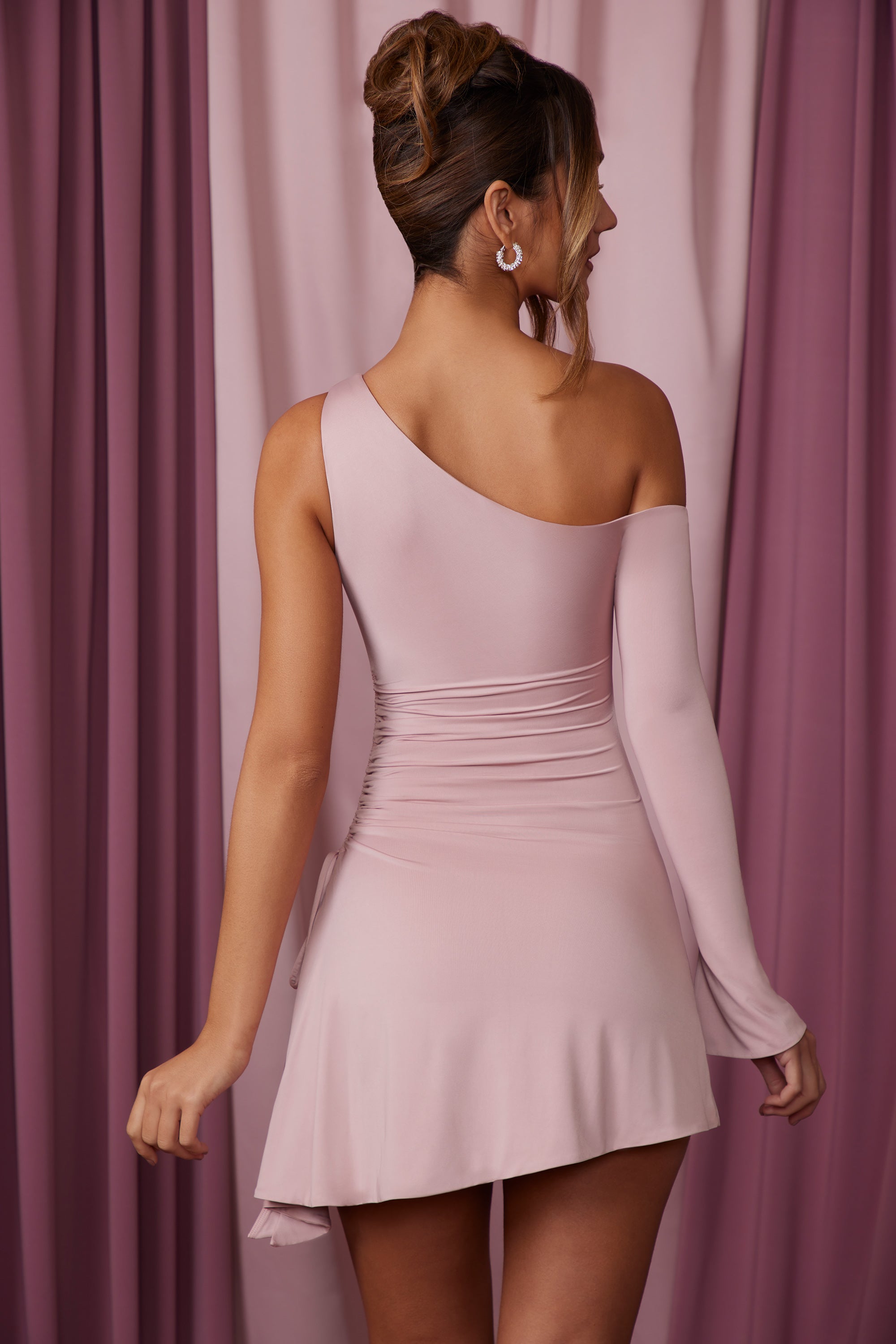 Asymmetric Single Sleeve Mini Dress in Mauve