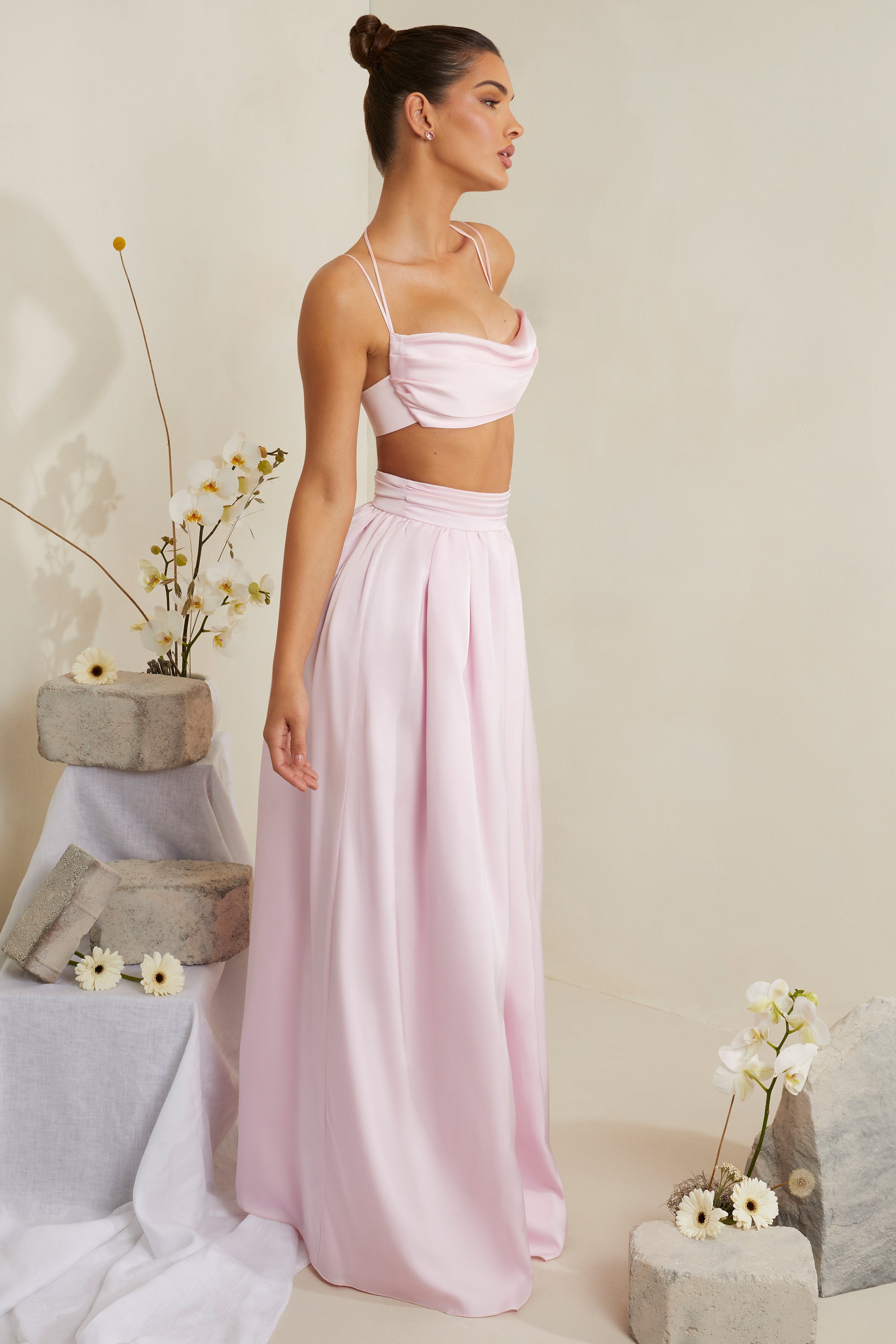 Cowl Neck Heavy Satin Crop Top in Pink