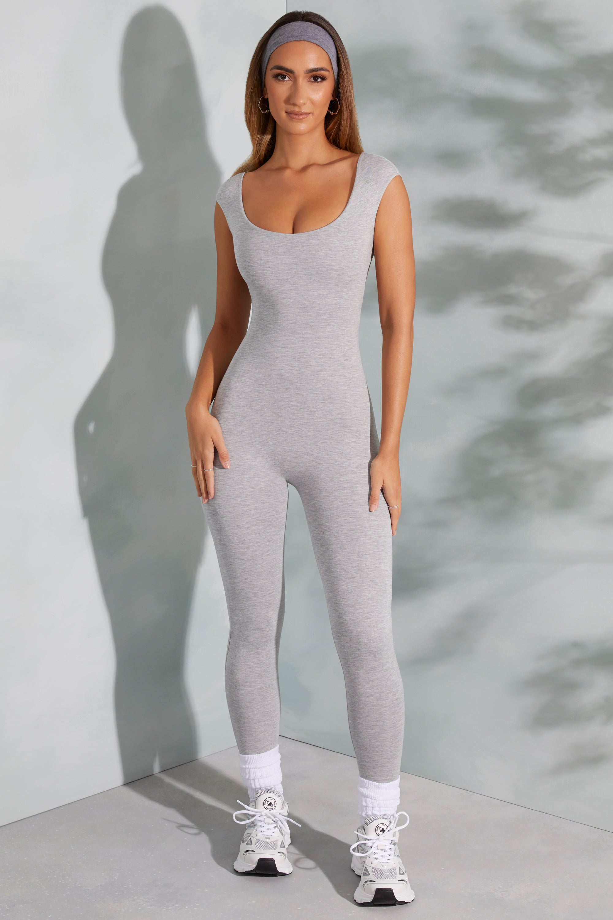 Open Back Scoop Neck Jumpsuit in Marled Grey