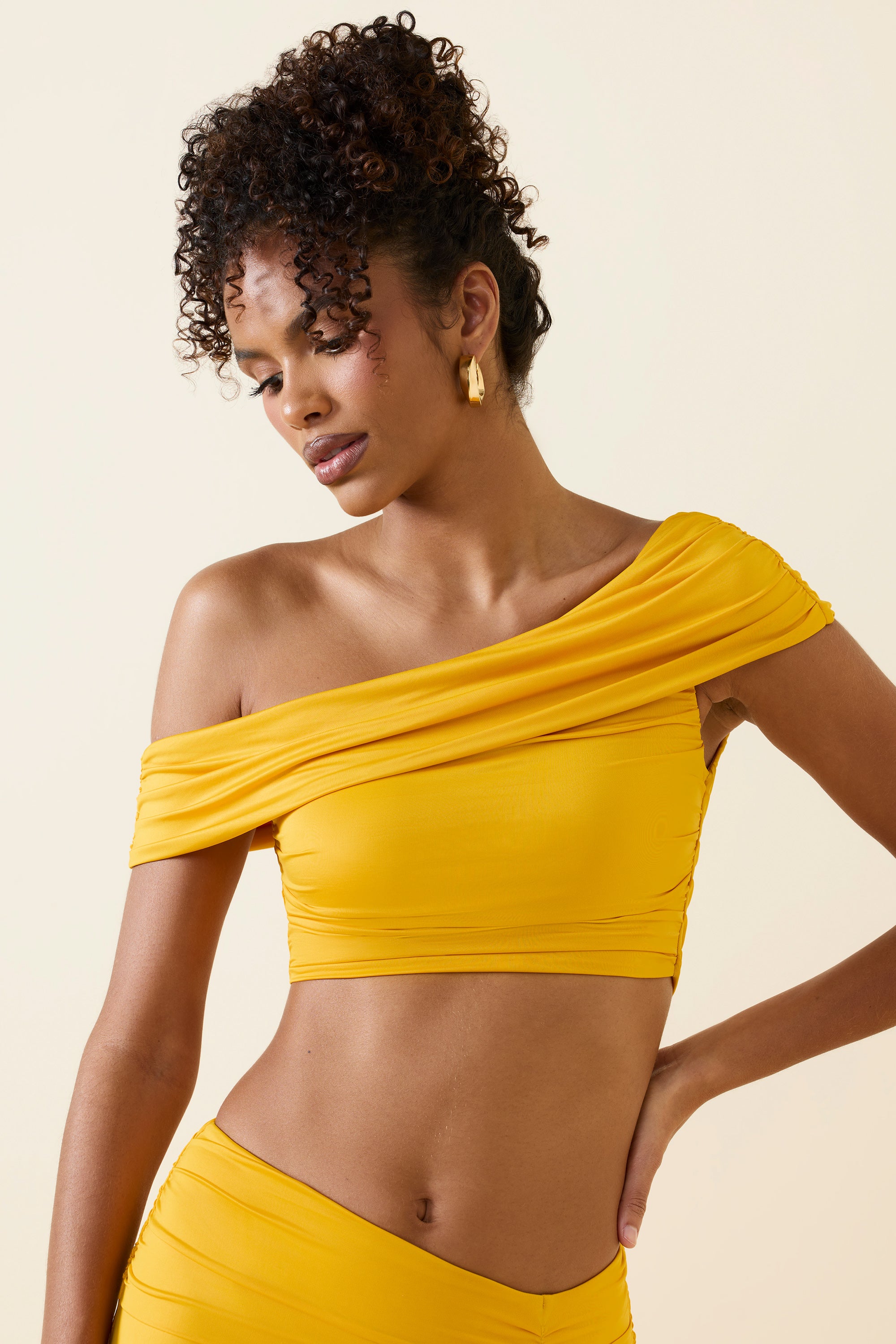 Asymmetric Ruched Off-Shoulder Crop Top in Golden Yellow