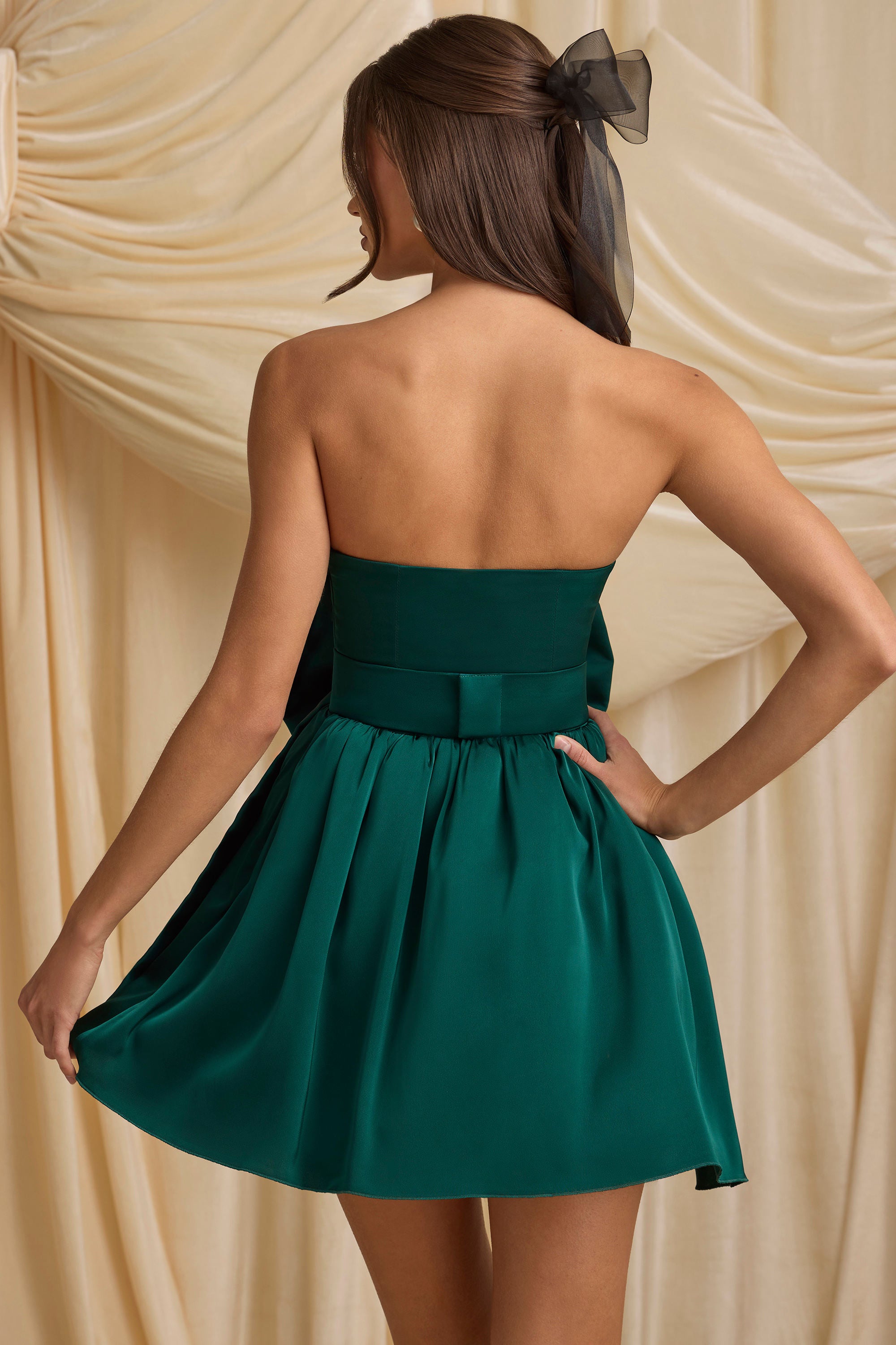 Bow-Detail Corset Mini Dress in Emerald Green