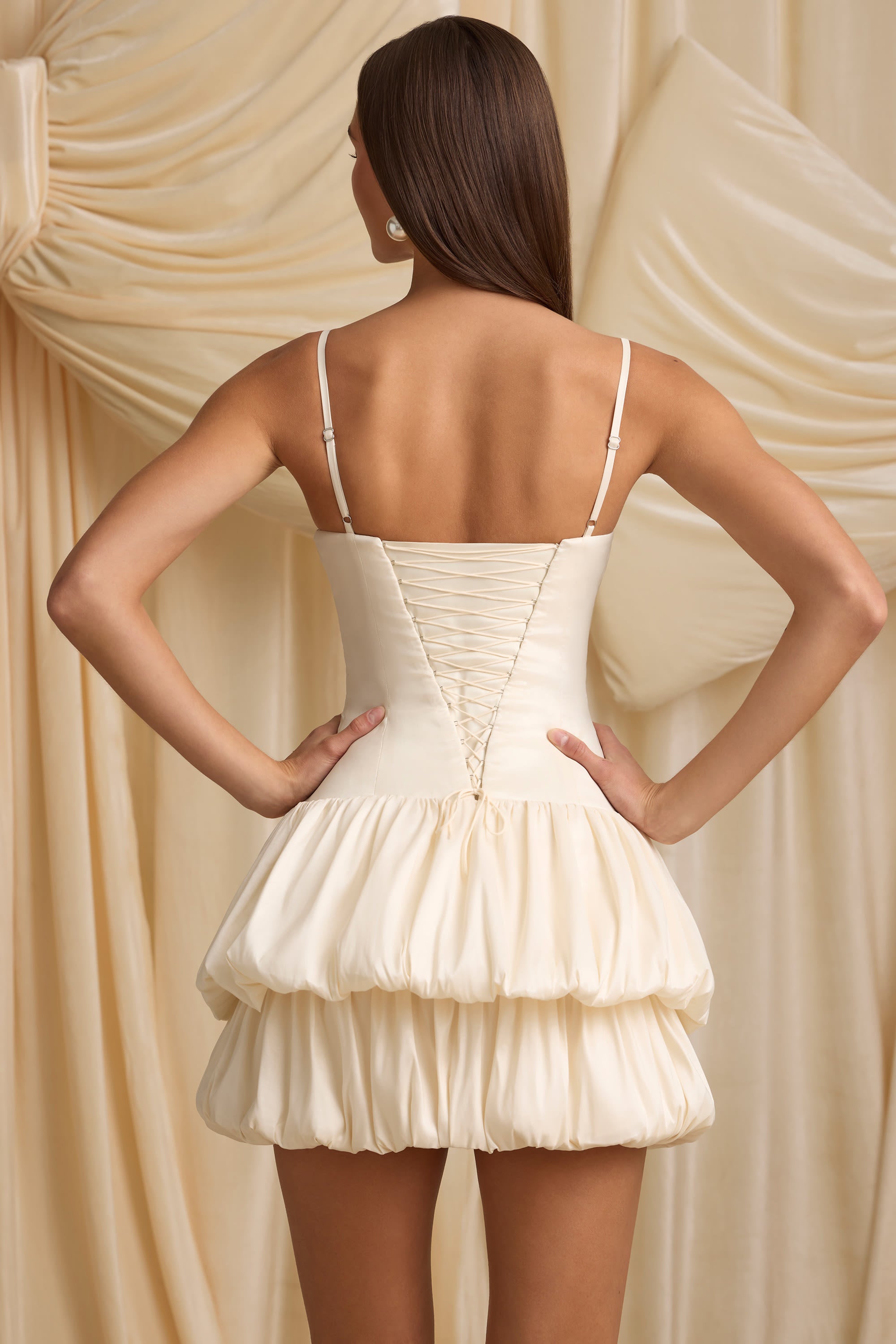 Layered Bubble Hem Corset Mini Dress in Ivory