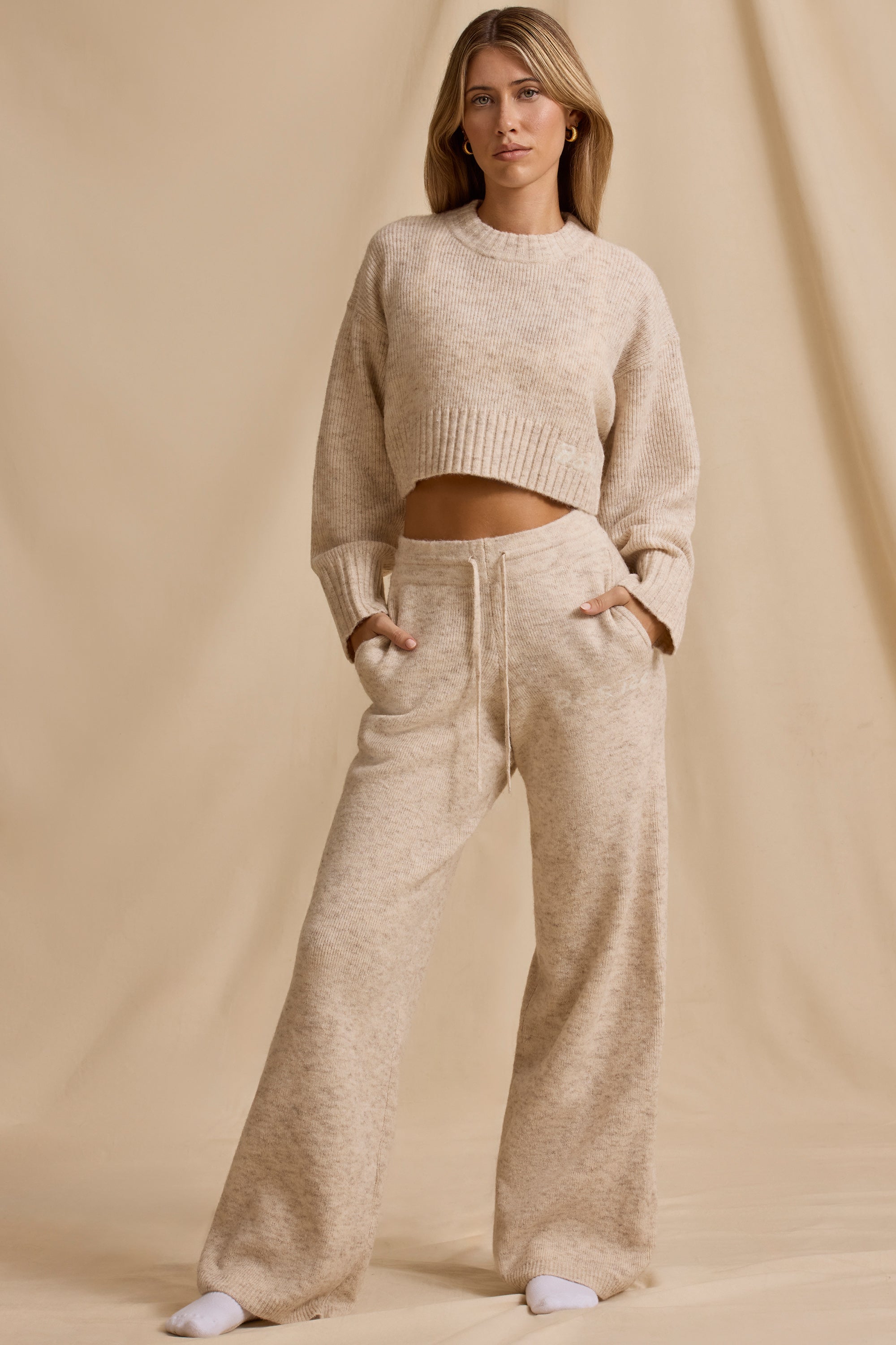 Petite Mid-Rise Wide-Leg Joggers in Cream Marl