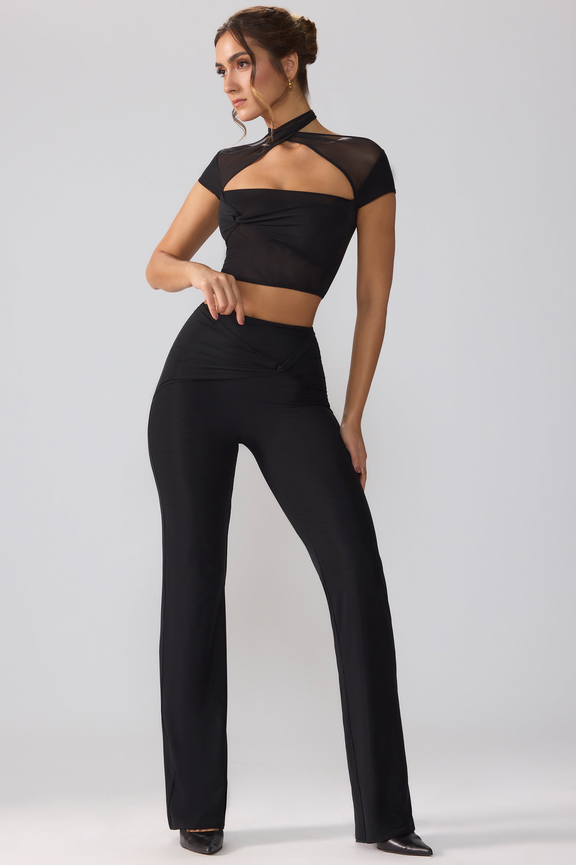 Petite Mesh Mid Rise Twist Overlay Flare Trousers in Black