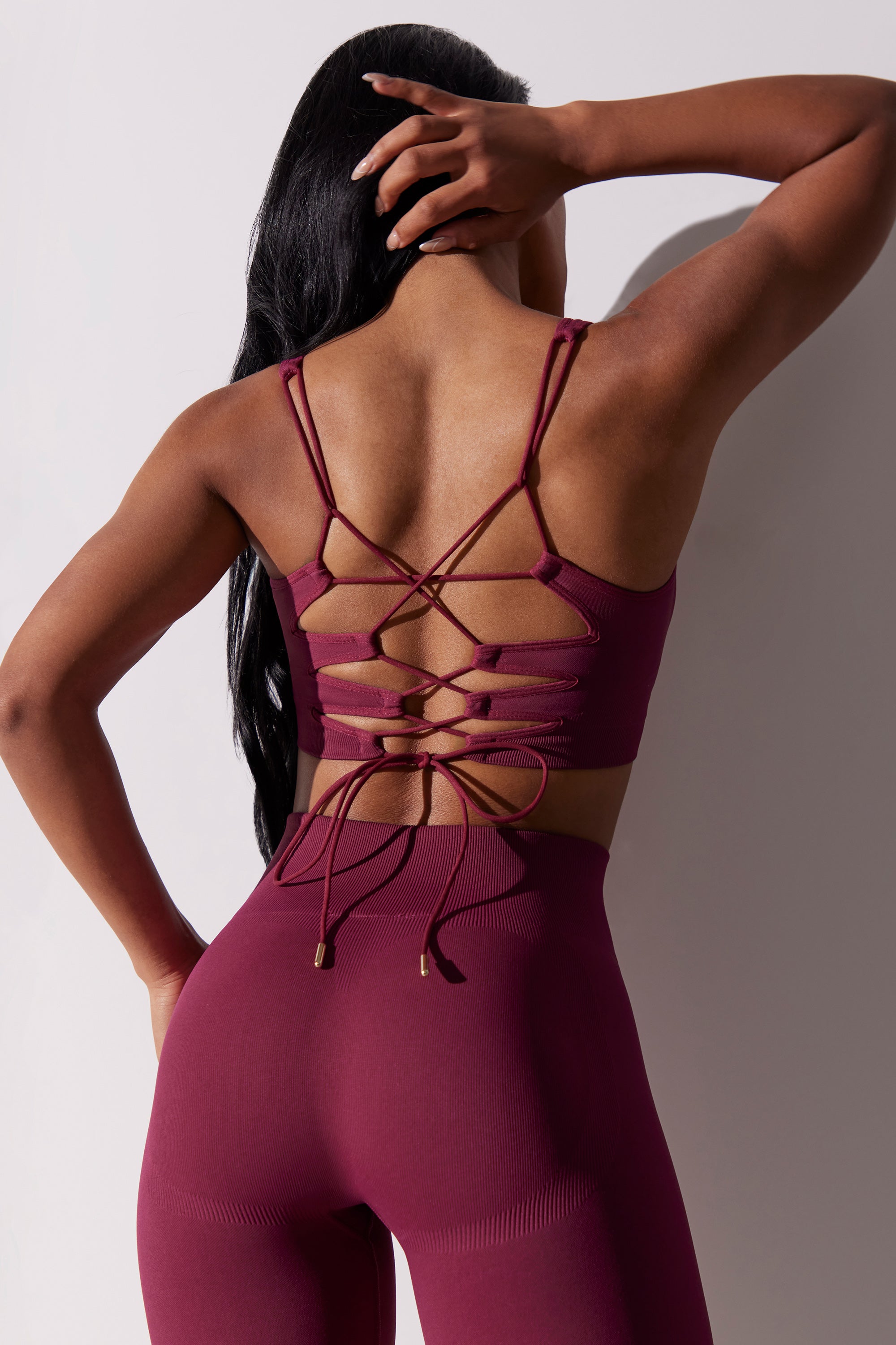 Open Back Square Neck Sports Bra in Plum