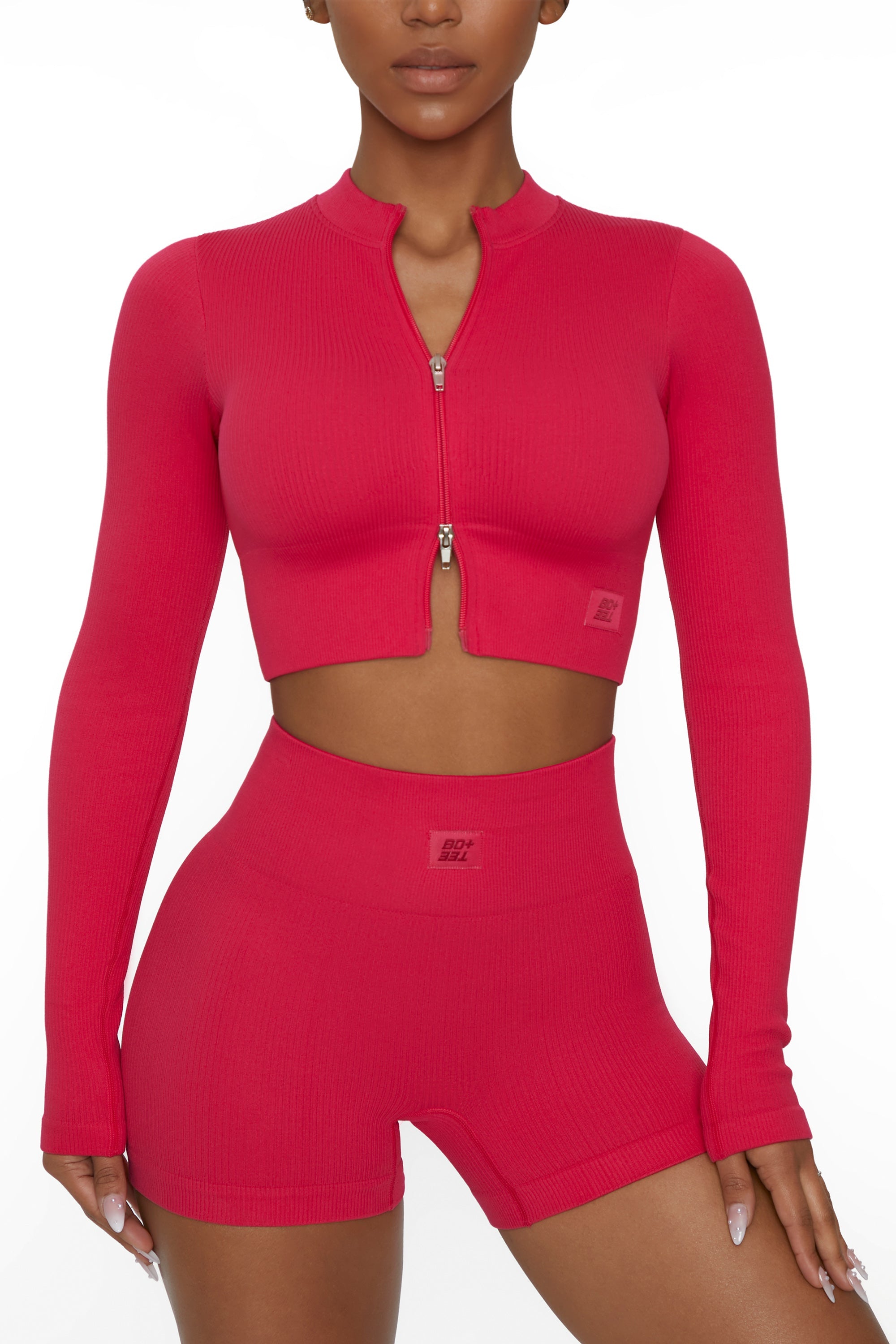 Long Sleeve Zip Crop Top in Hot Pink