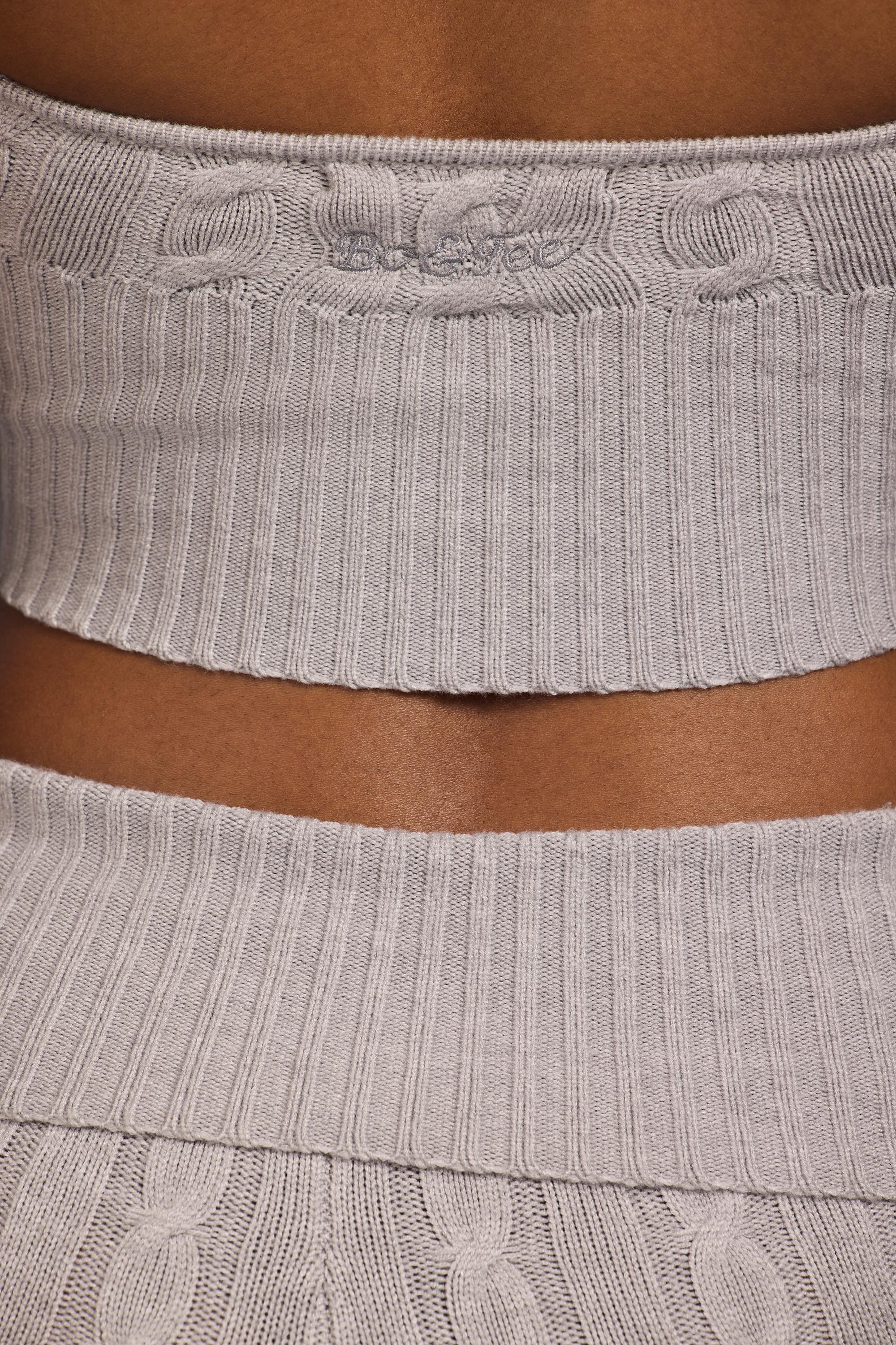 Cable-Knit Halterneck Crop Top in Grey Marl