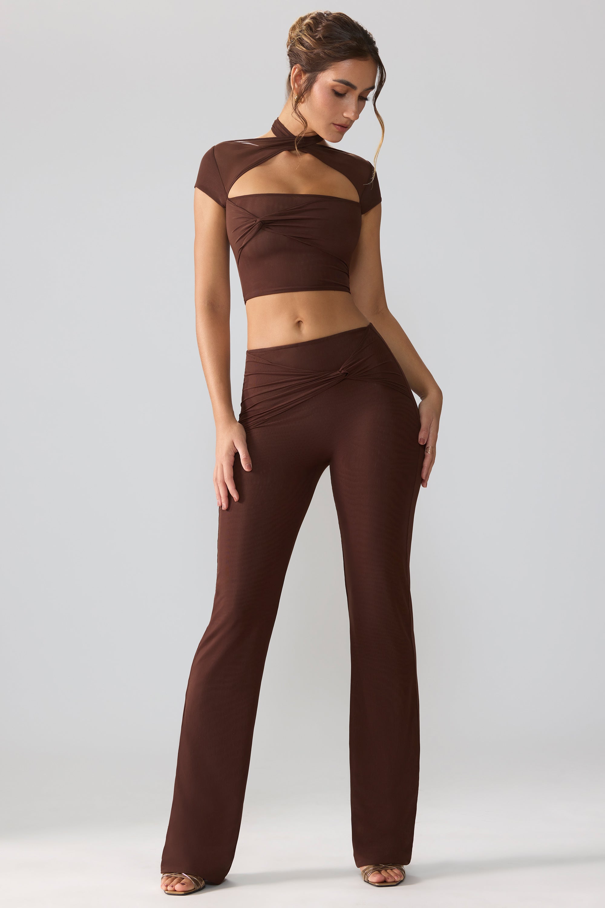 Tall Mesh Mid Rise Twist Overlay Flare Trousers in Espresso