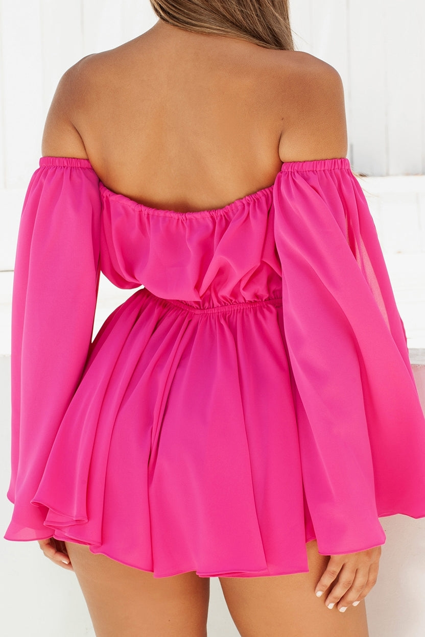 Pleat Wave Relaxed Fit Bardot Off The Shoulder Playsuit in Pink