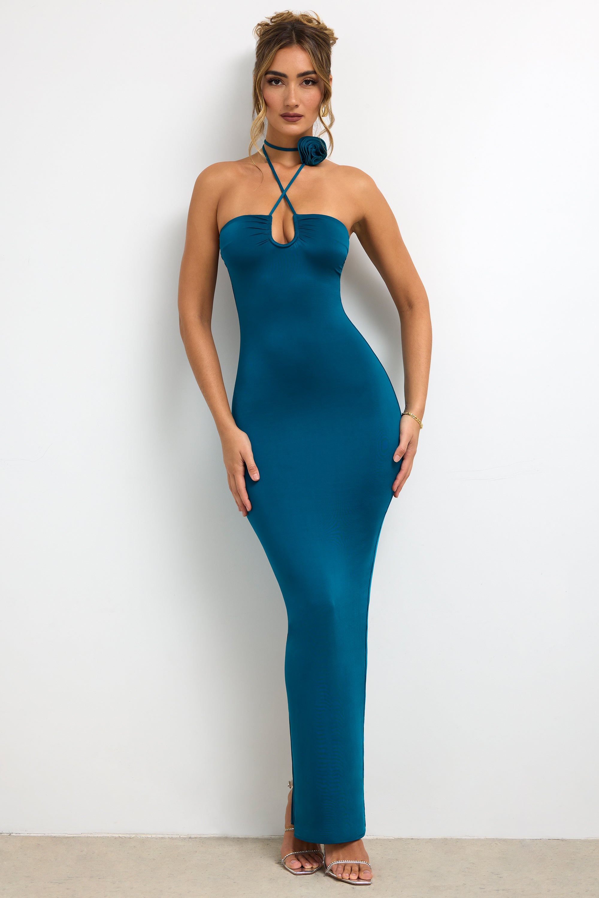 Slinky Jersey Rose Detail Halter Neck Maxi Dress in Dark Teal