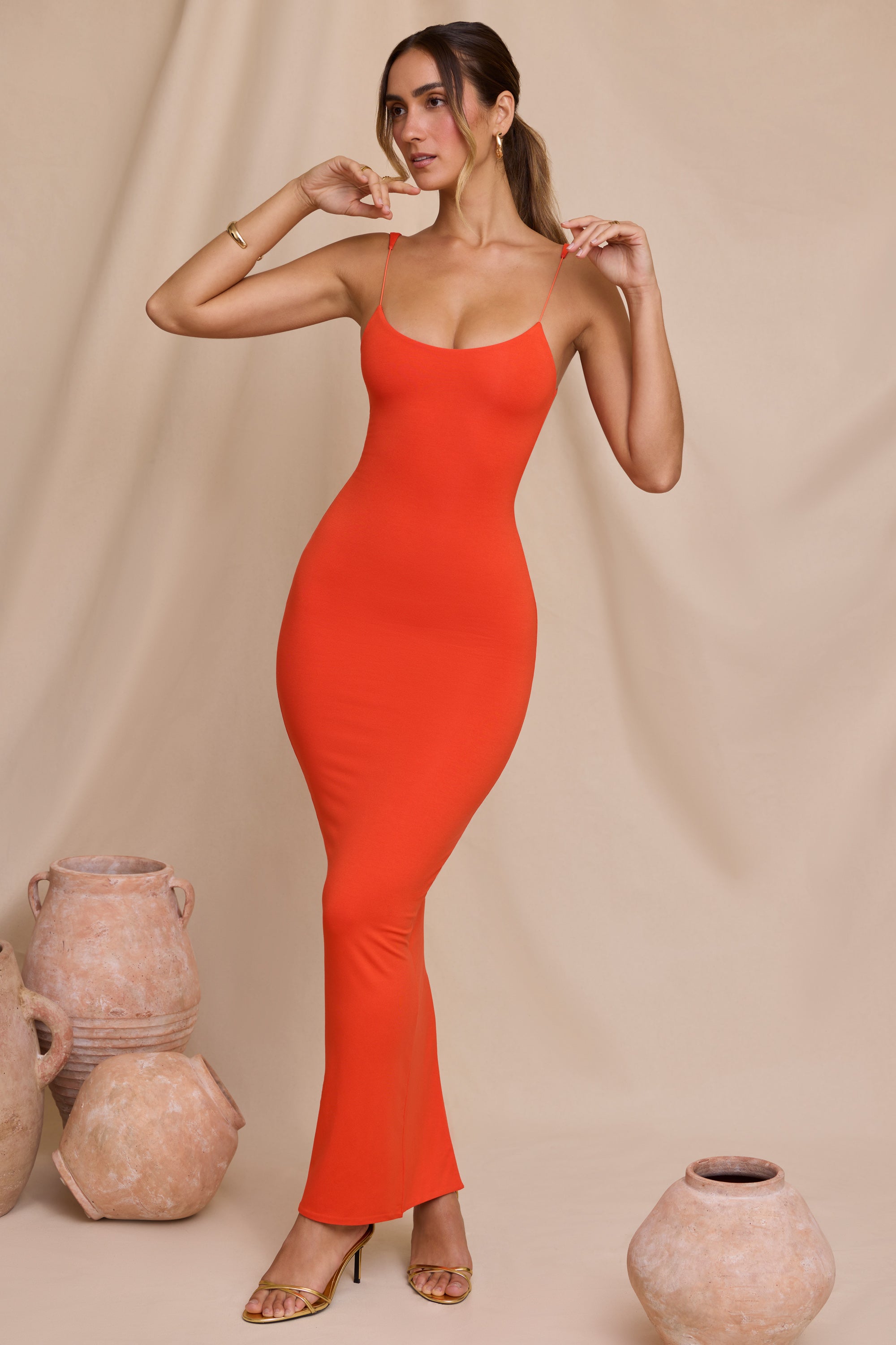 Micro Strap Detail Maxi Dress in Tangerine