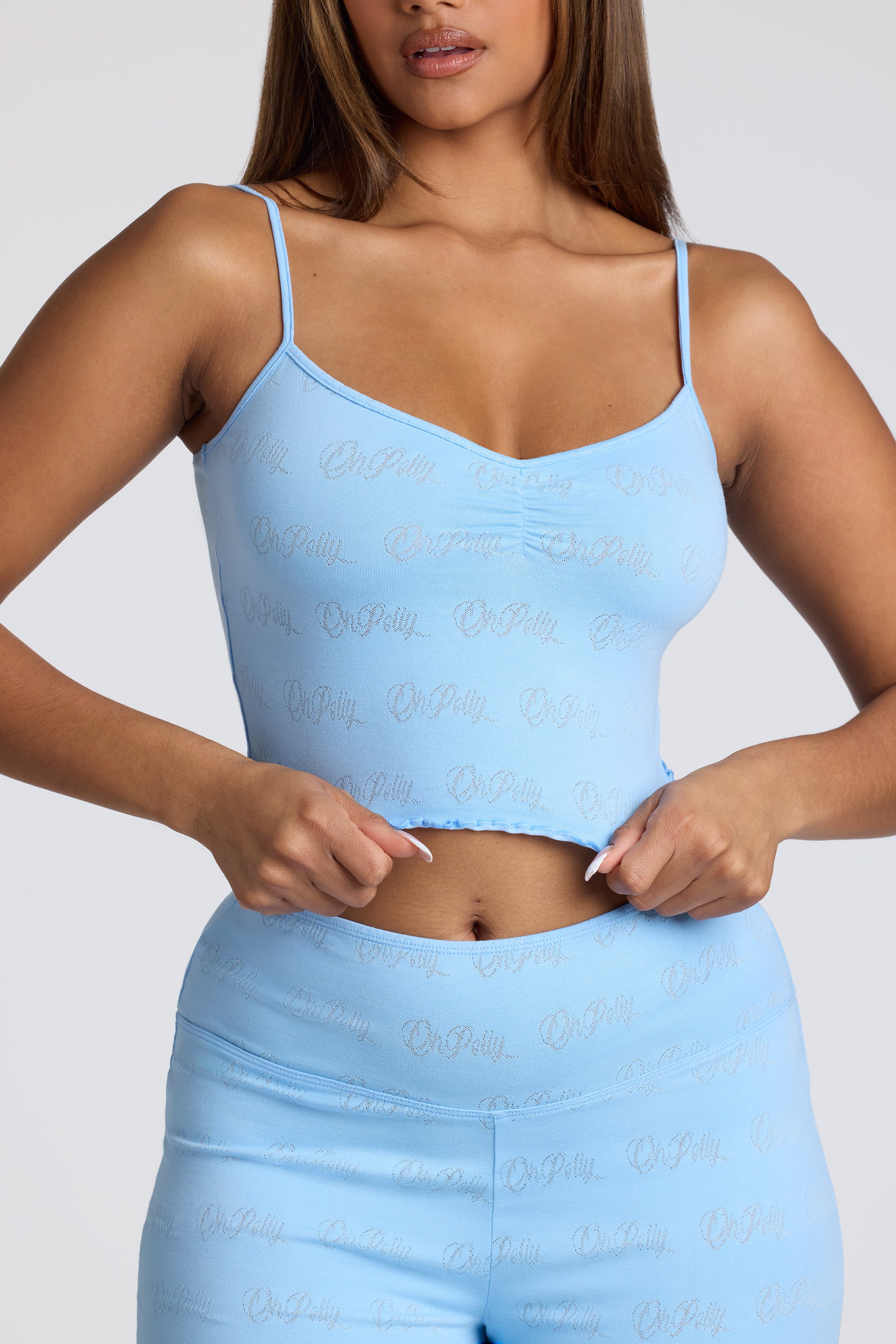 Strappy Ruched Pointelle Crop Top in Baby Blue