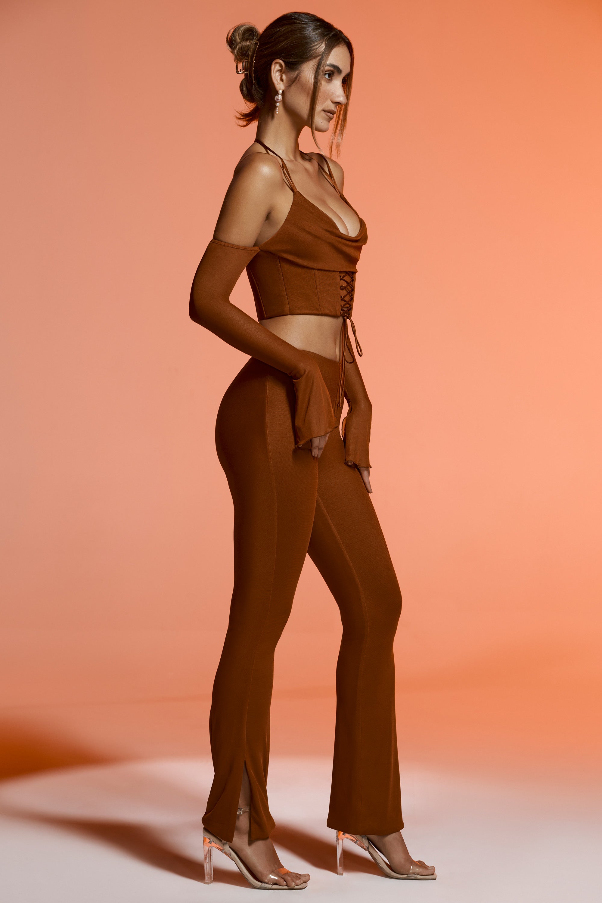 Petite Split Flare Trousers in Brown