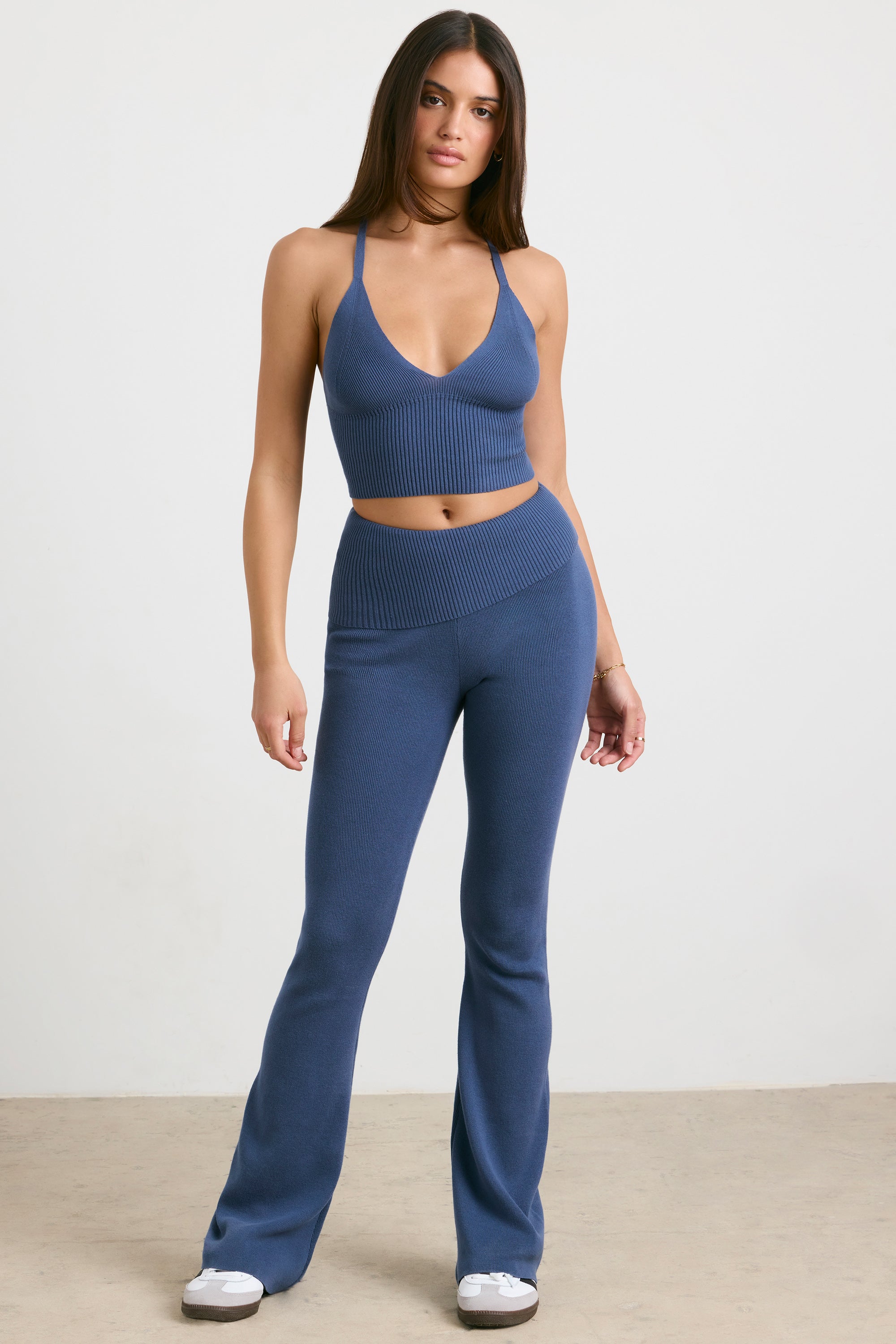 Petite Chunky Knit Kick Flare Trousers in Washed Navy