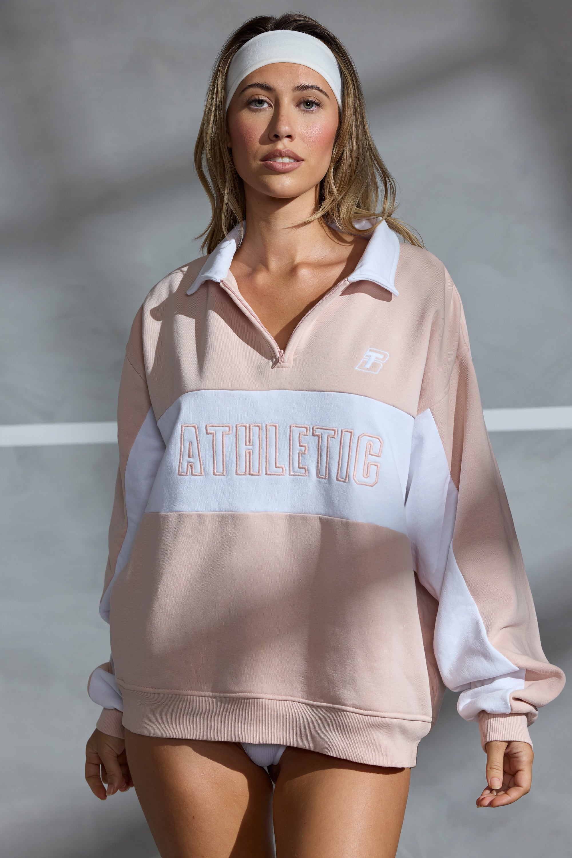 Oversized Half Zip Panel Sweatshirt in Soft Peach