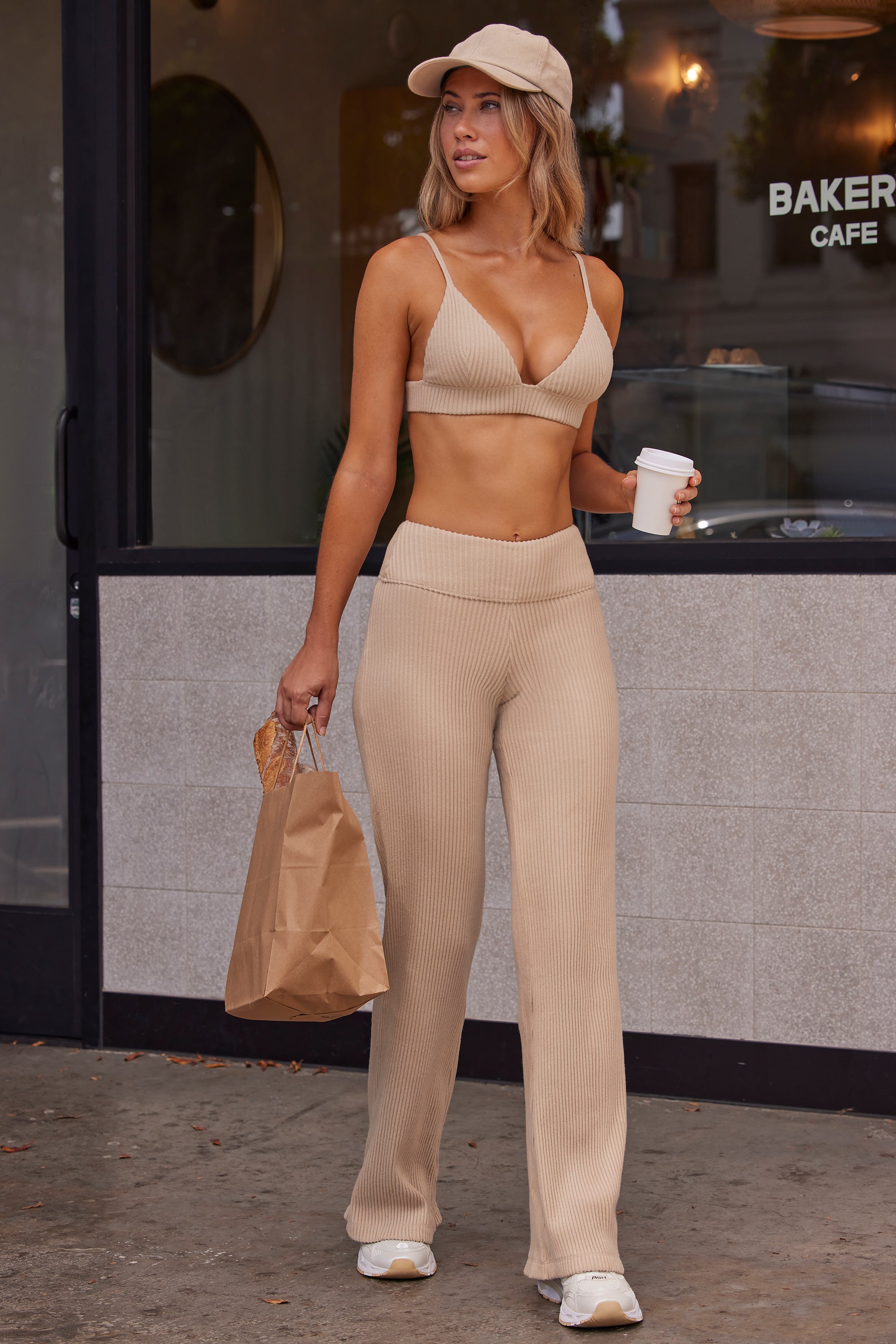 Soft Rib High Waist Wide Leg Fold Over Trousers in Sand