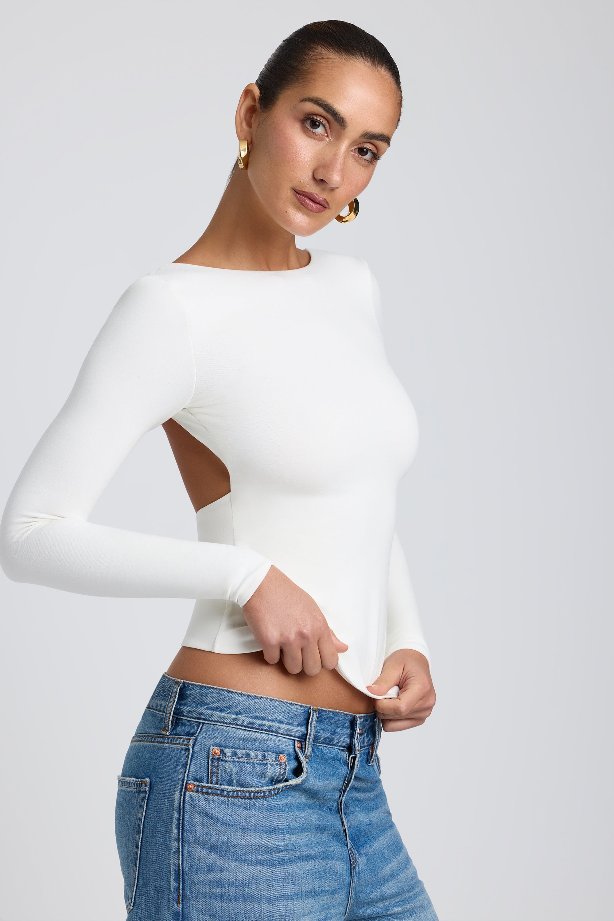 Modal High Neck Long Sleeve Open Back Top in White