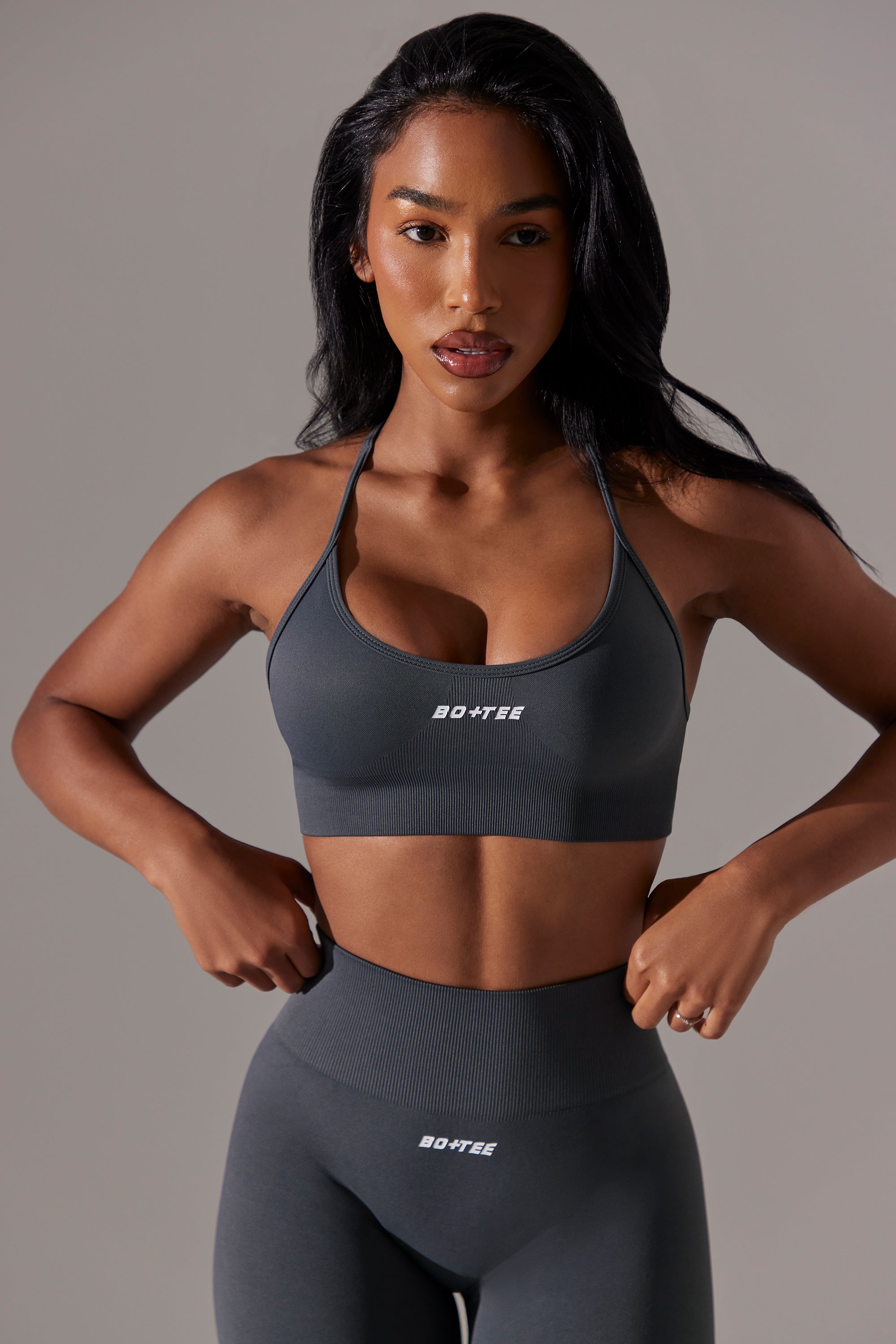 Scoop Neck Multi Strap Sports Bra in Grey