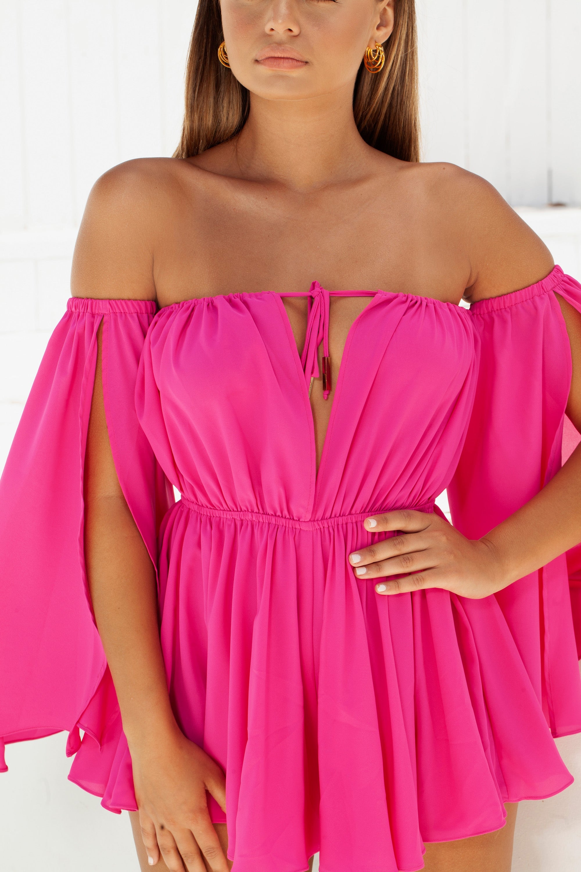 Pleat Wave Relaxed Fit Bardot Off The Shoulder Playsuit in Pink