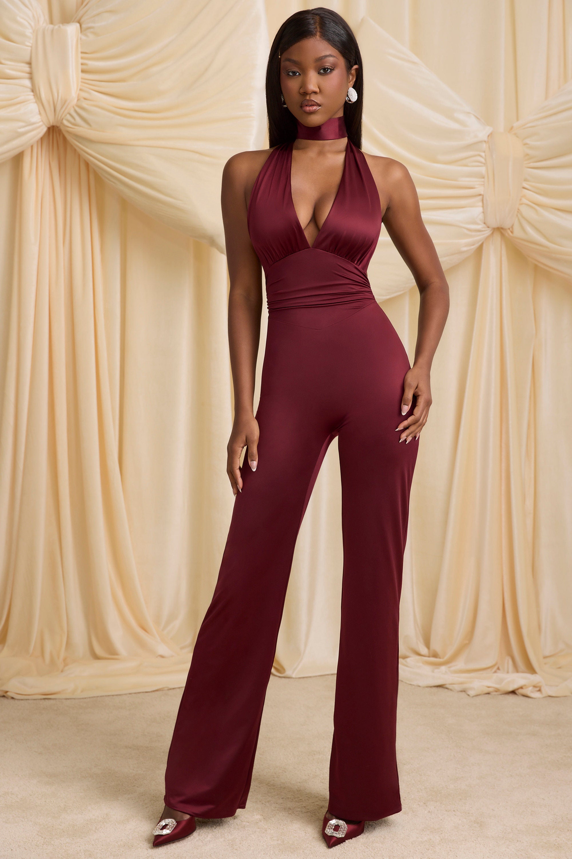 Scarf-Detail Halterneck Jumpsuit in Wine Red