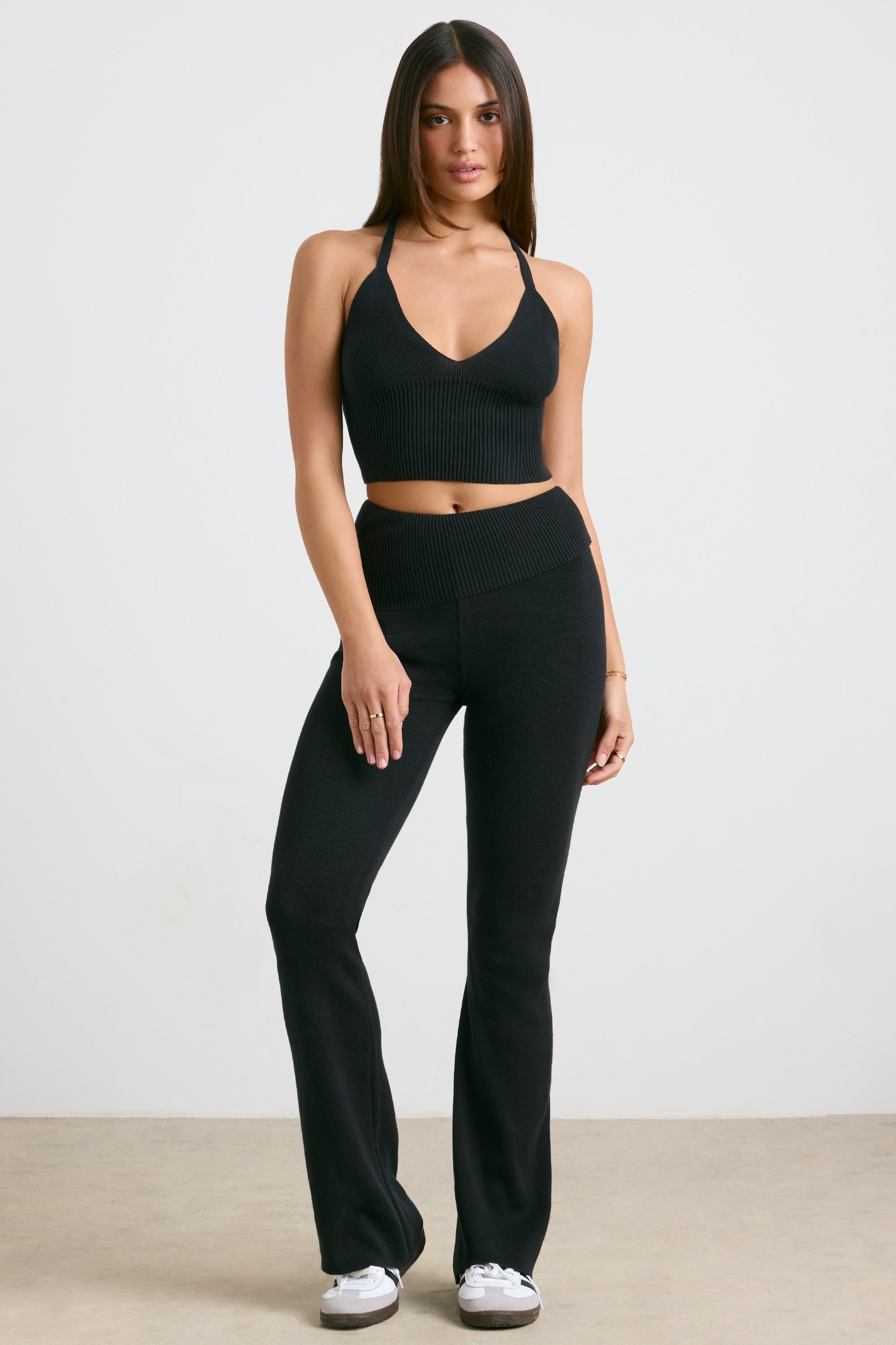 Chunky Knit Kick Flare Trousers in Black