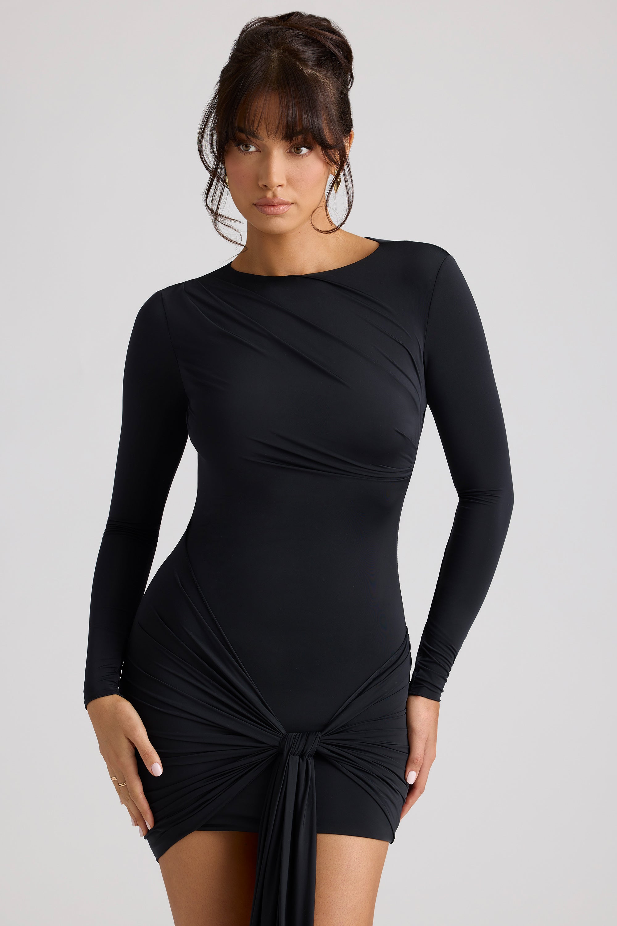 Long Sleeve Draped Mini Dress in Black