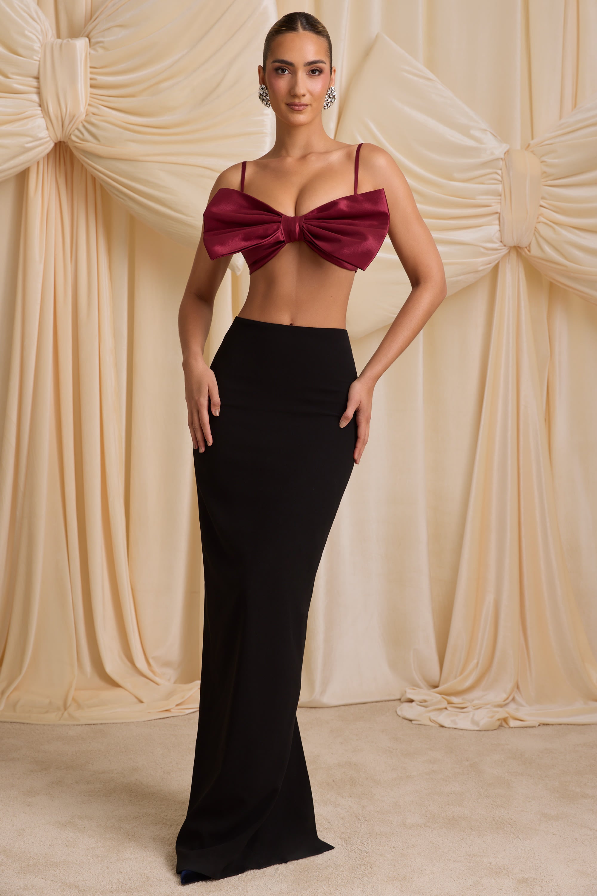 Strapless Bow Crop Top in Wine Red