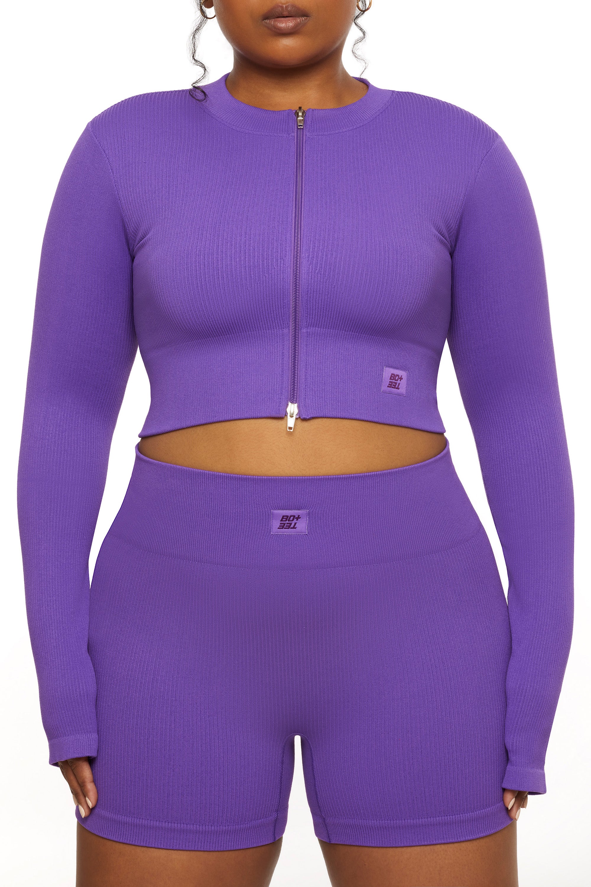 Long Sleeve Zip Crop Top in Purple