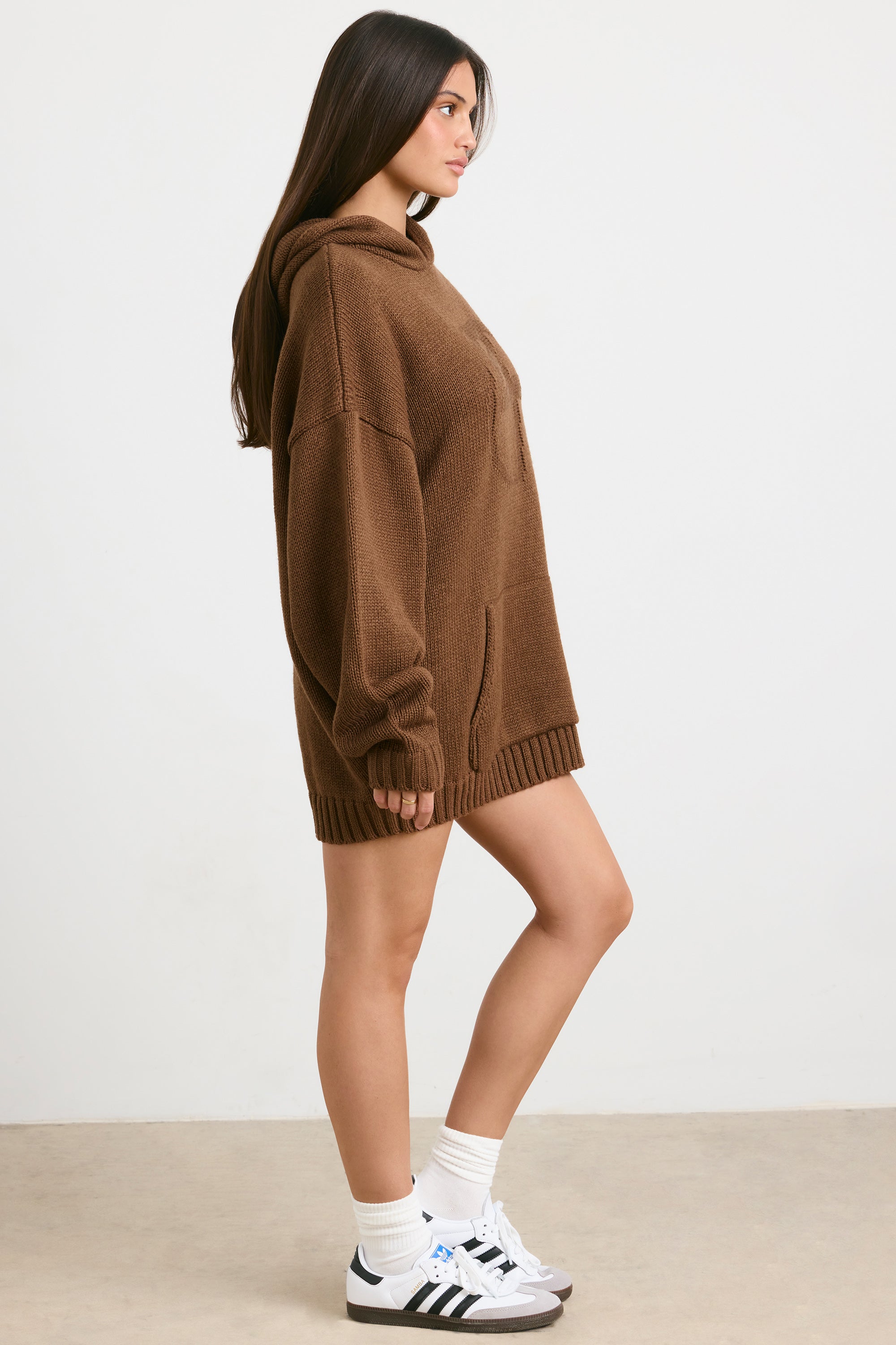 Oversized Chunky Knit Hoodie in Espresso