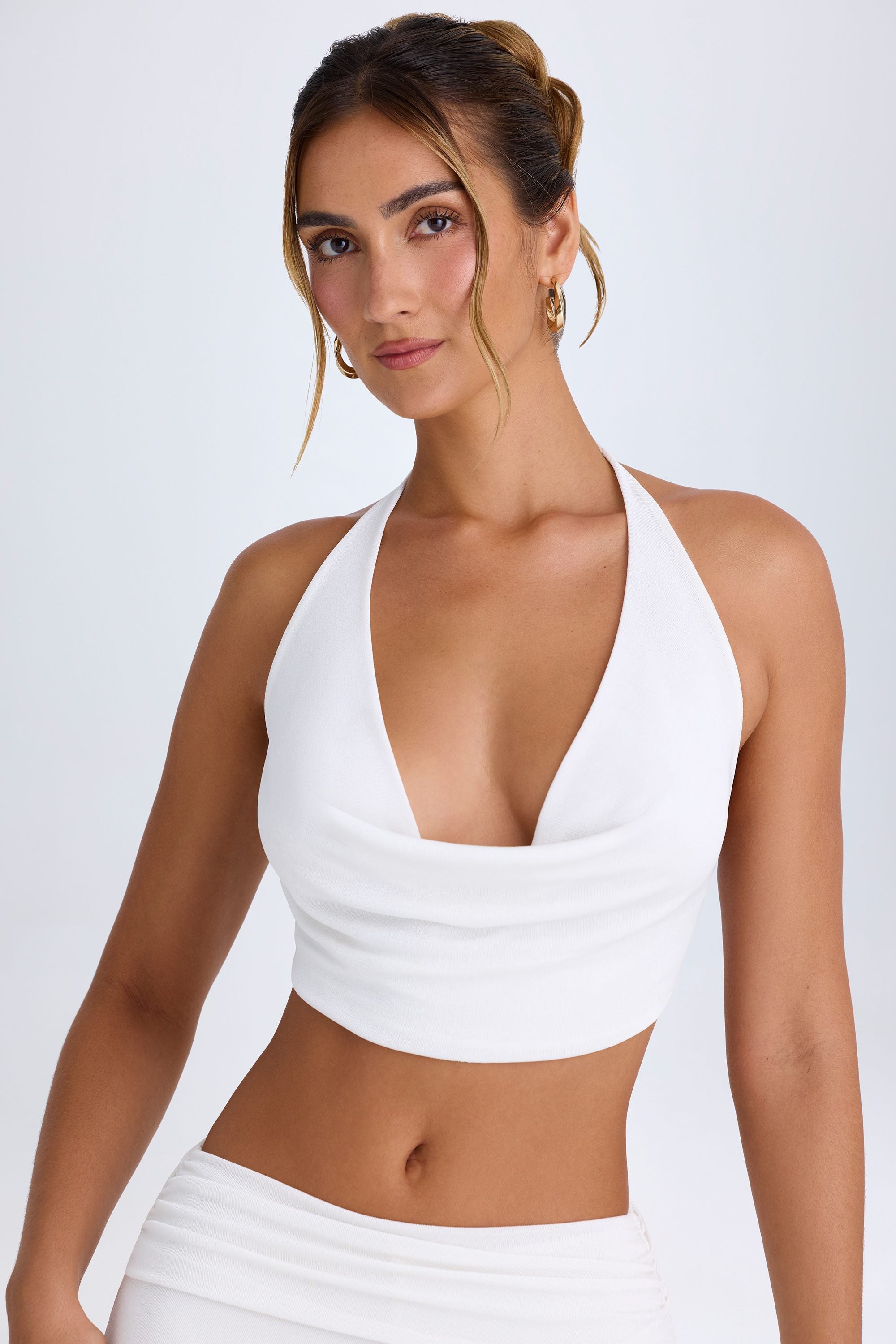 Cowl-Front Halterneck Crop Top in White