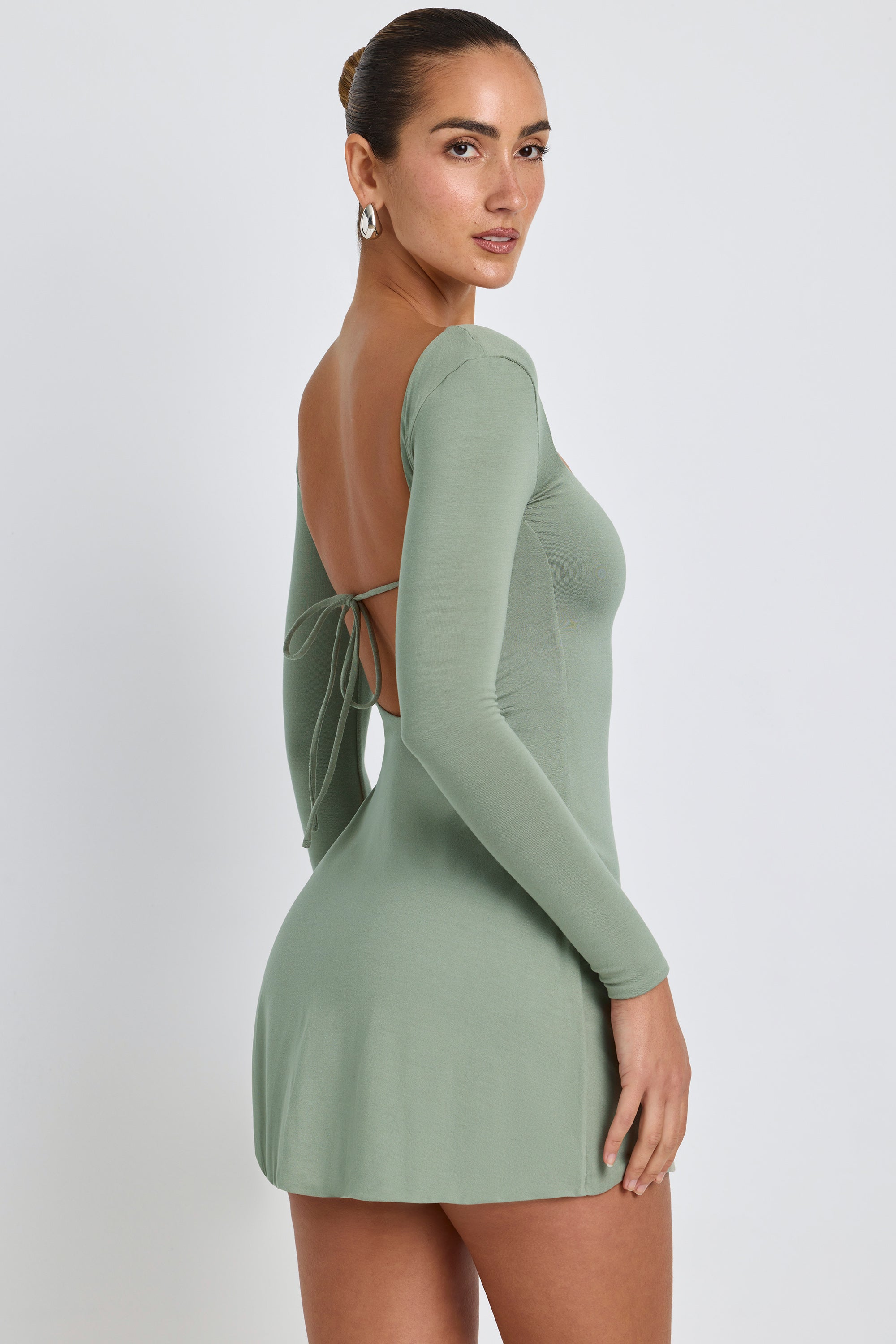 Modal Square Neck Long Sleeve Mini Dress in Sage Green