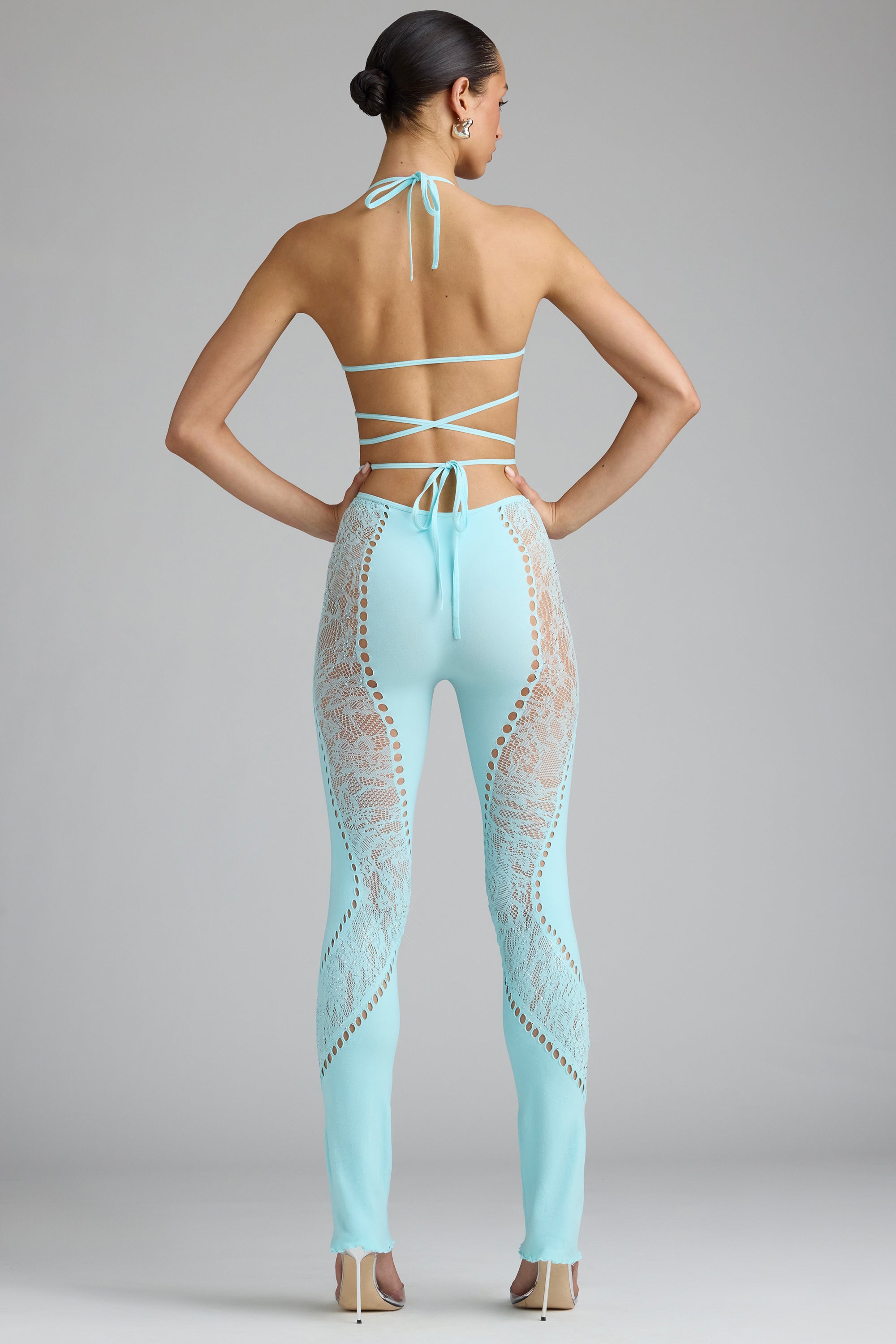 Embellished Mid-Rise Flared Trousers in Ice Blue