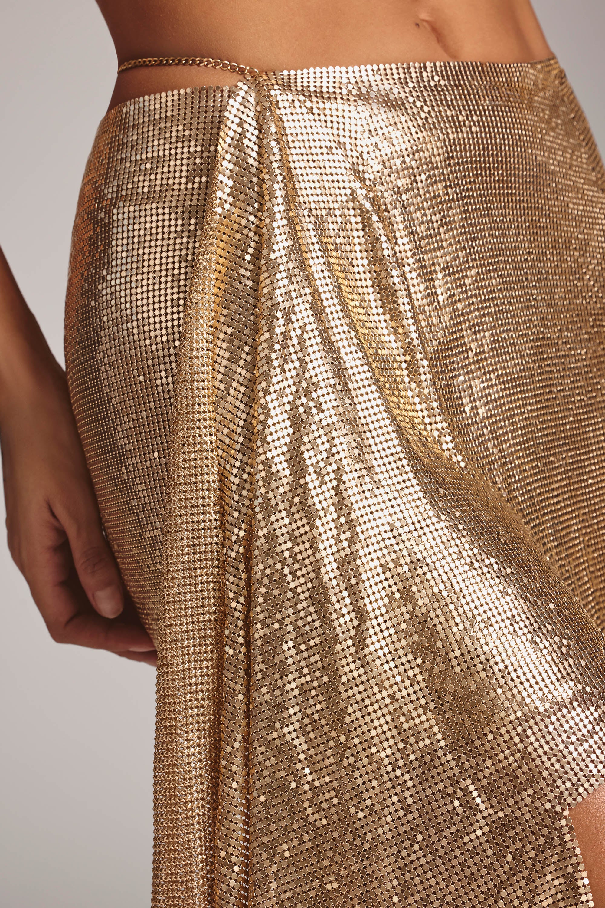 Premium Chainmail High Waist Mini Skirt in Gold