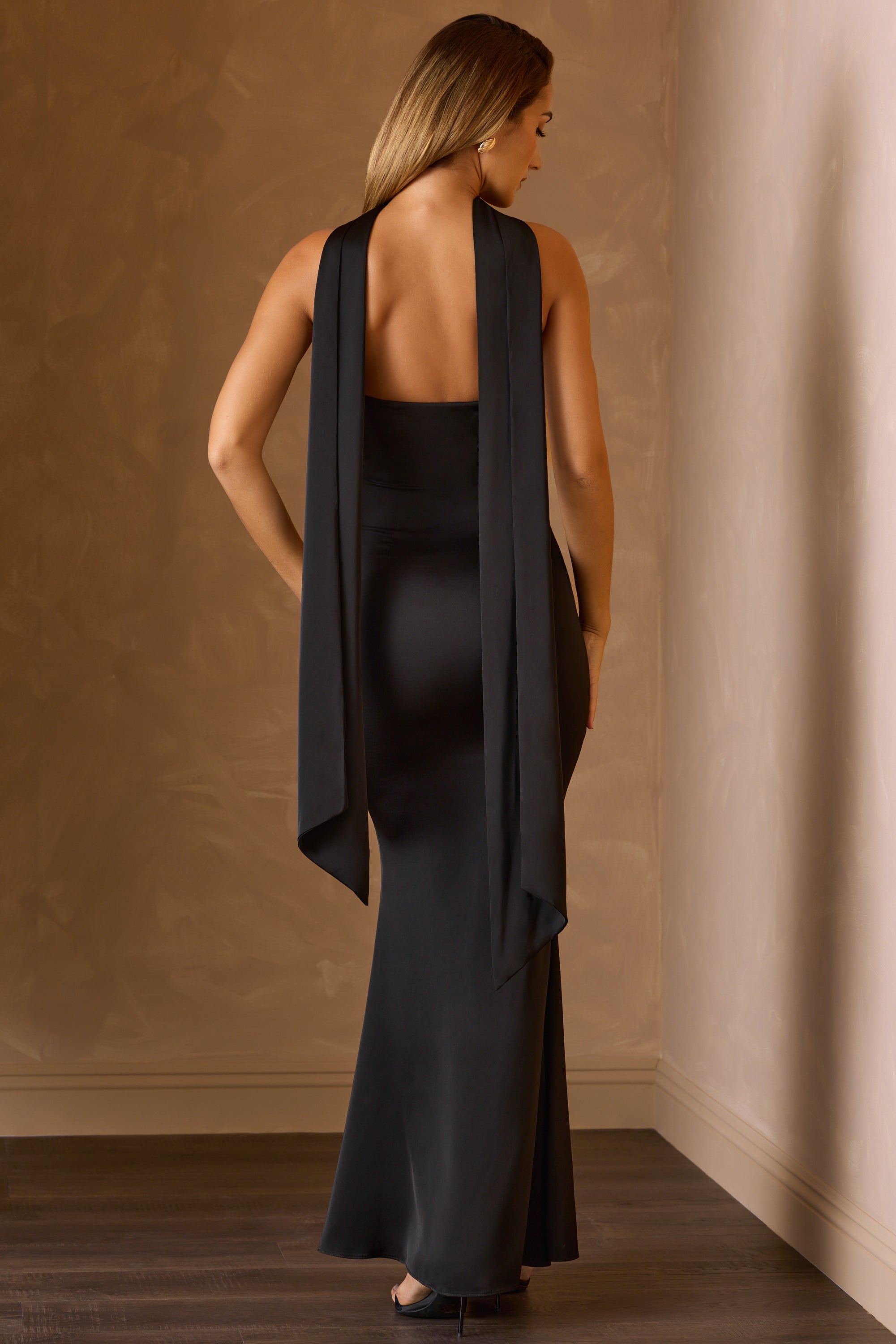 Scarf-Detail Strapless Gown in Black