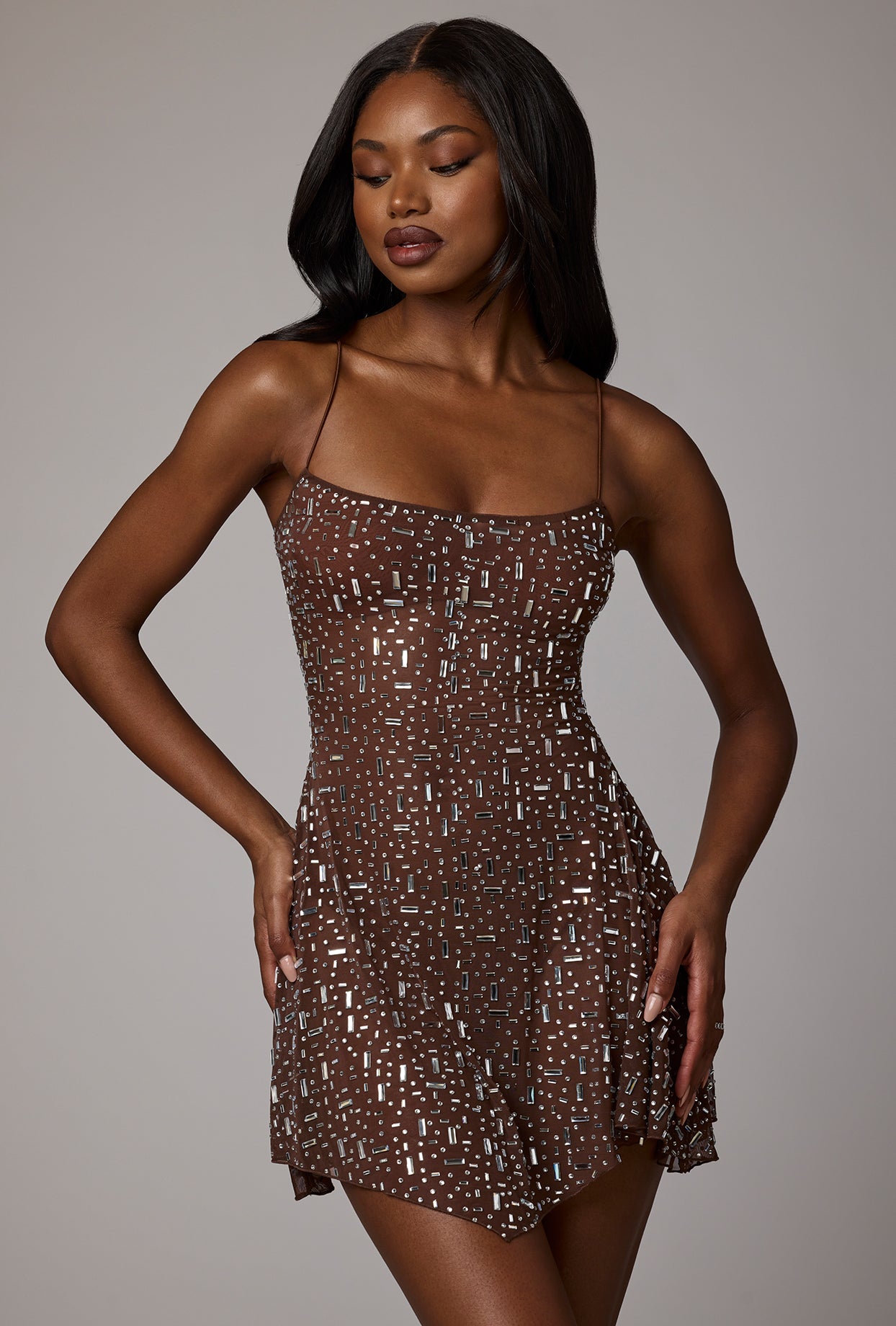 Sheer Embellished Scoop Neck Mini Dress in Deep Cocoa