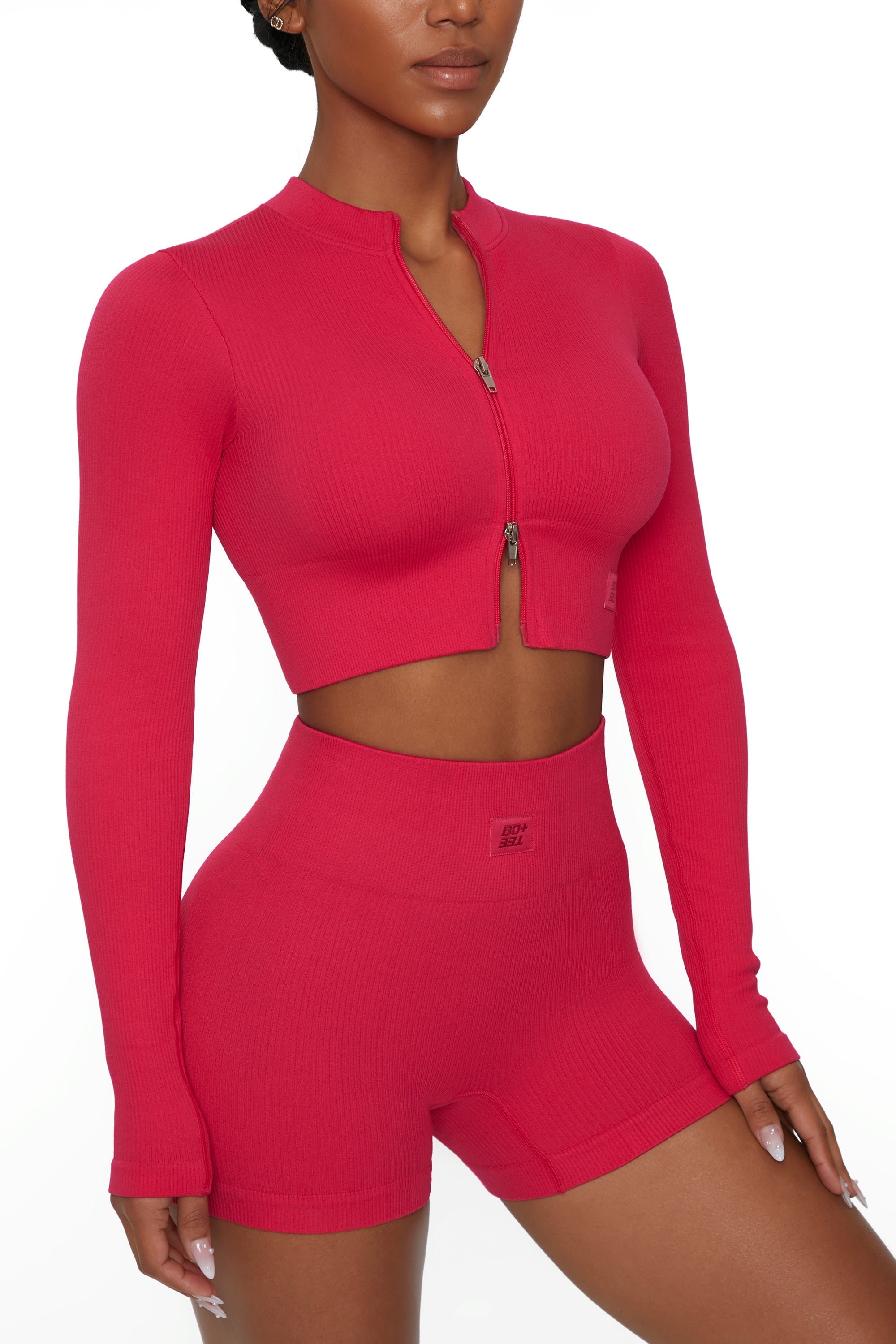 Long Sleeve Zip Crop Top in Hot Pink