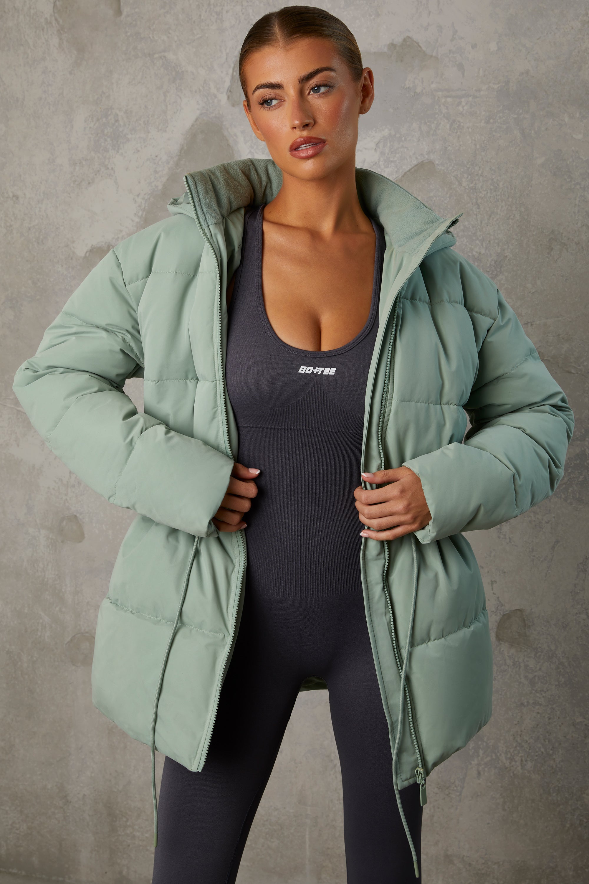 Mid Length Hooded Puffer Coat in Iceberg Green