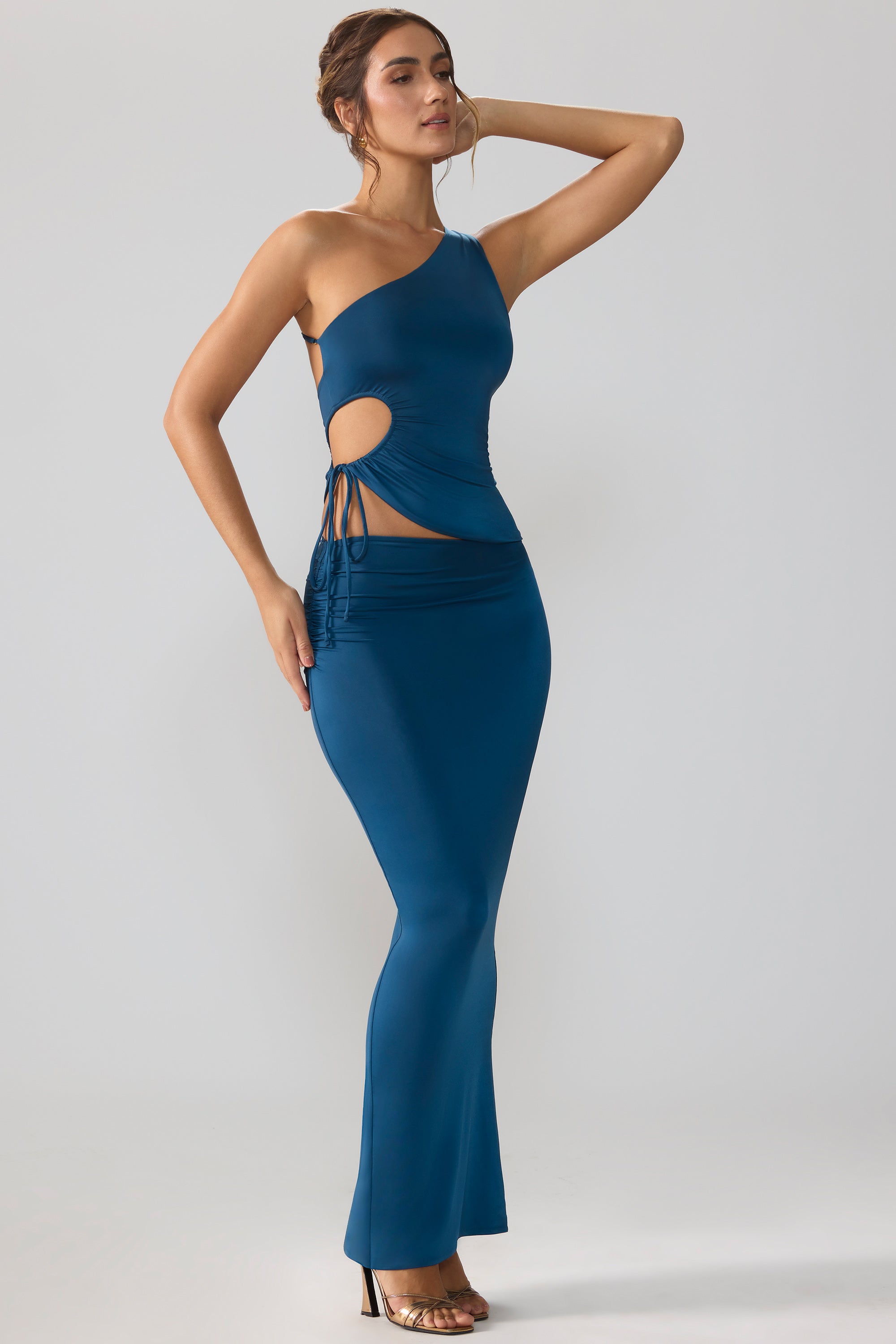 Slinky Jersey Asymmetric Waist Maxi Skirt in Midnight Blue