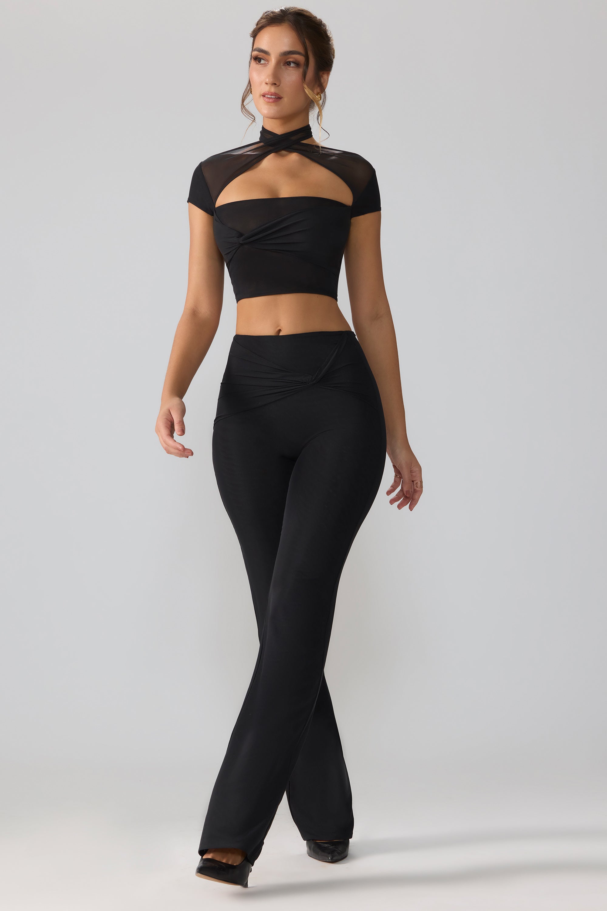 Petite Mesh Mid Rise Twist Overlay Flare Trousers in Black