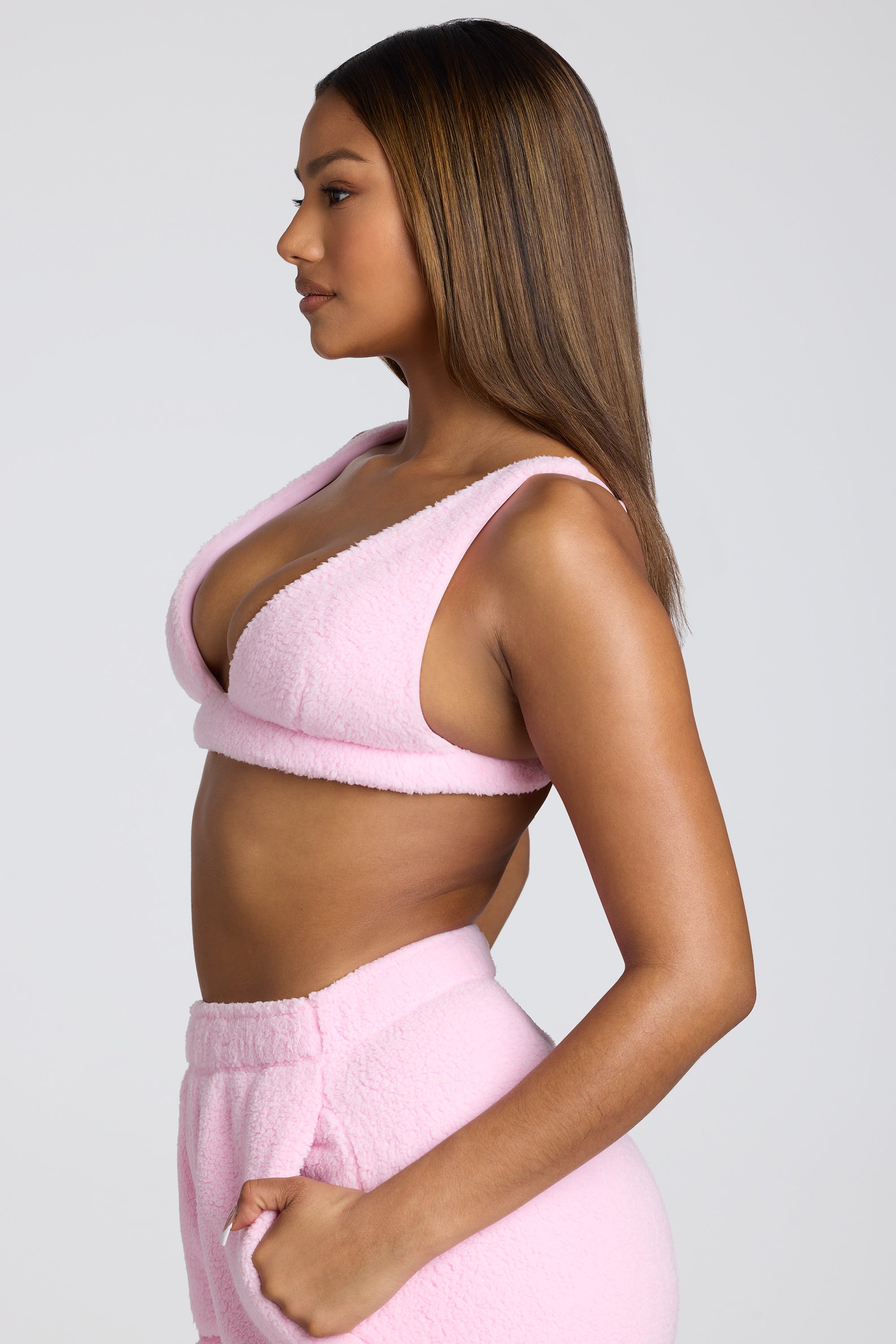 V Neck Fleece Bralette in Baby Pink