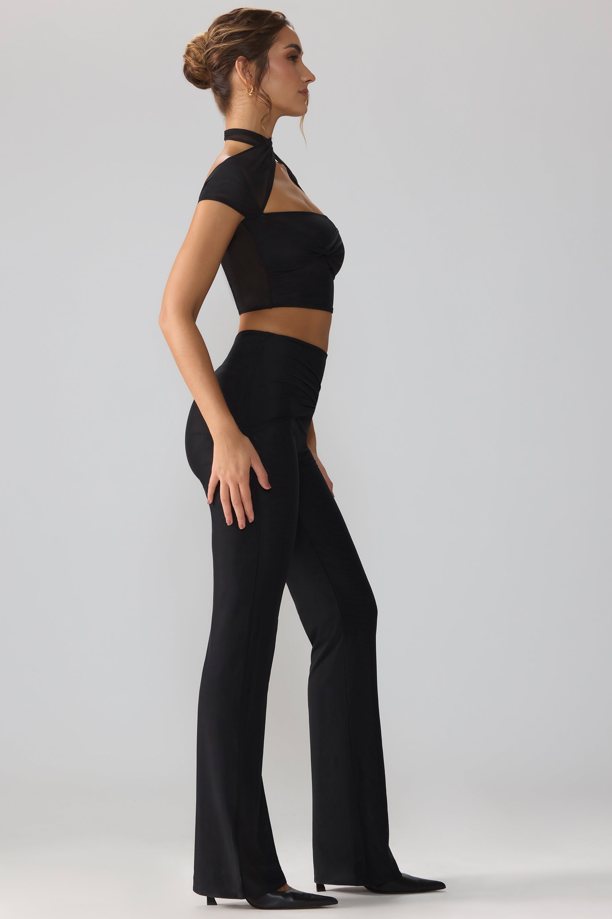 Petite Mesh Mid Rise Twist Overlay Flare Trousers in Black