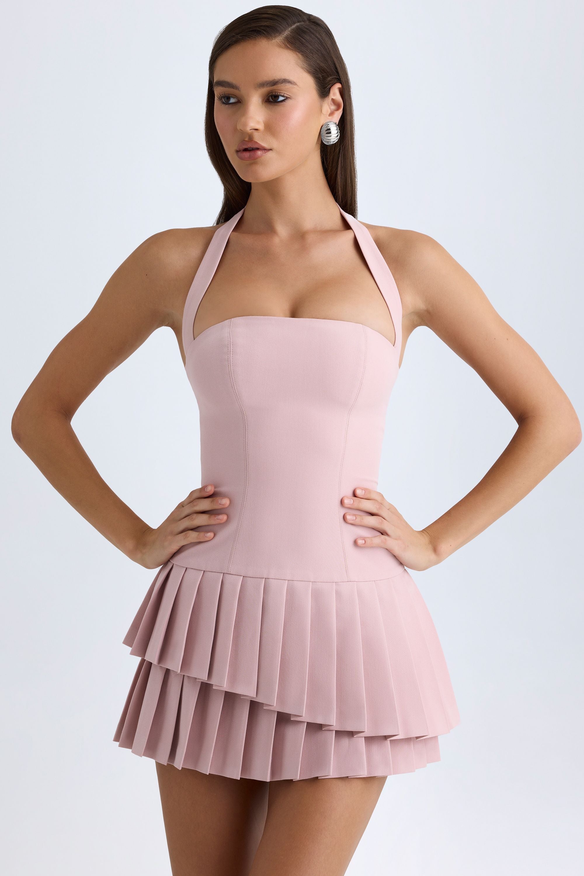 Asymmetric Layered Halterneck Mini Dress in Pink Mauve