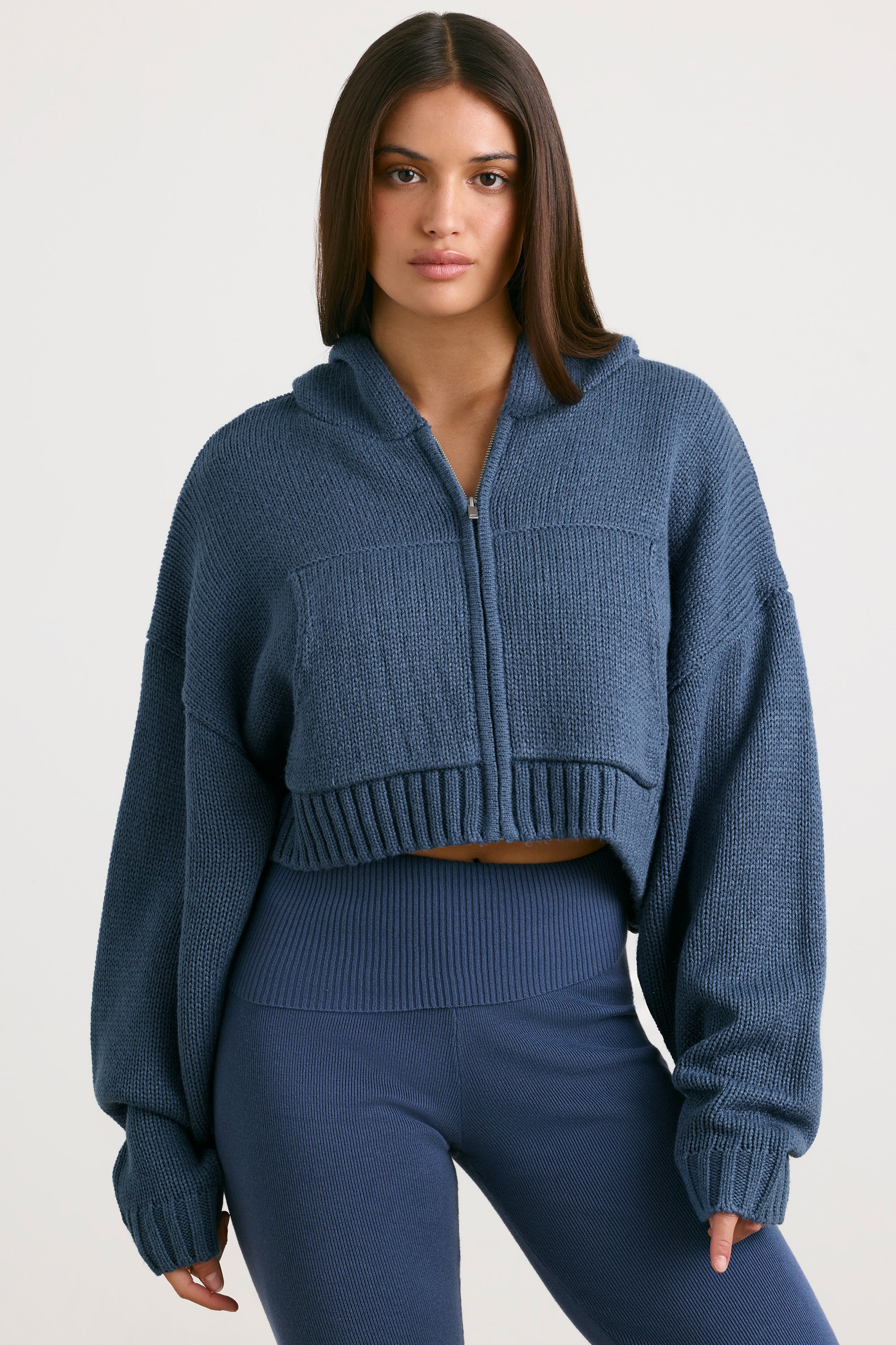 Cropped Zip Up Chunky Knit Hoodie in Washed Navy